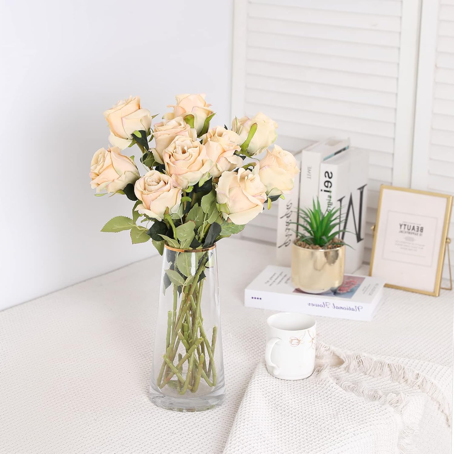 Nubry Artificial Silk Rose Flower Single Stem Lifelike Vintage Fake Rose for Wedding Bouquet Floral Arrangements Home Party Centerpiece Decoration, 10pcs (Vintage Champagne) - Image 6