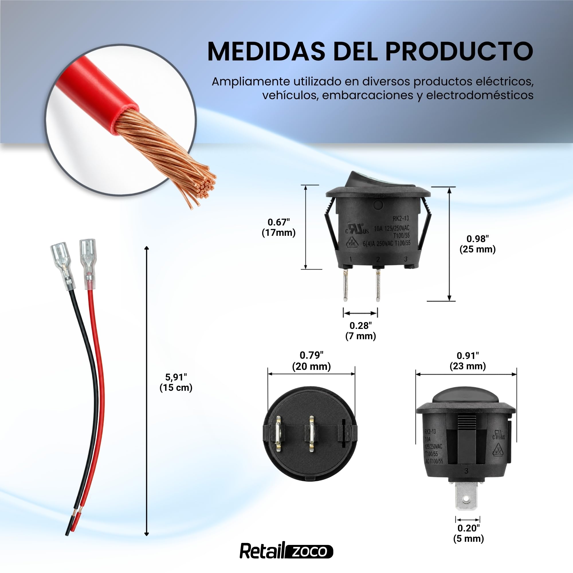 Interruptor Redondo Basculante ON/OFF 6A/250V 10A/125V, 2 Pinos, 20 mm, 5 Unidades - imagen 4