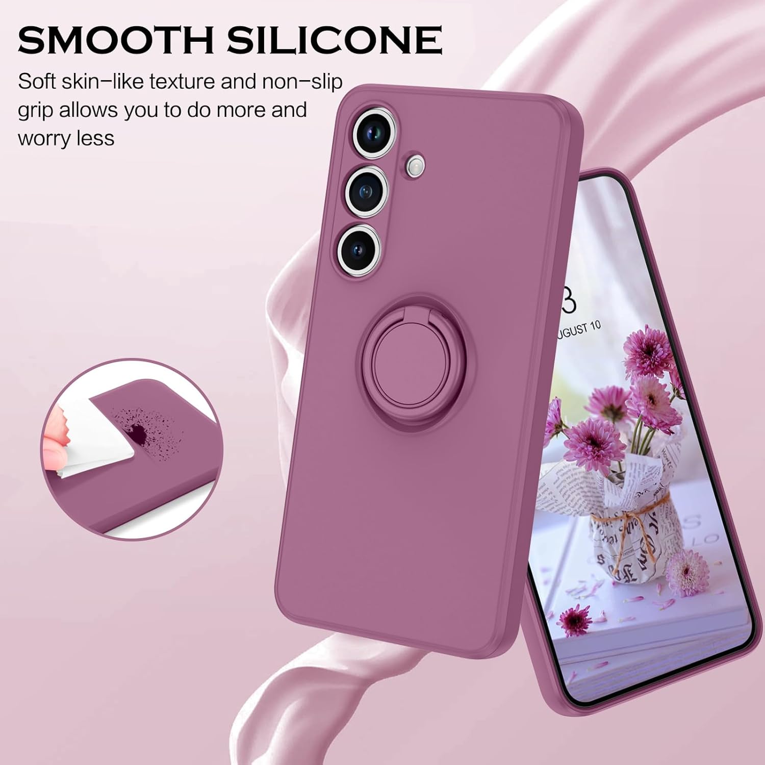 YINLAI for Samsung Galaxy S25 Case Liquid Silicone with Ring Holder Stand Slim Soft Rubber Cover Shockproof Protective Phone Case for Samsung Galaxy S25 5G 6.2 Inch, Lilac Purple - Image 3