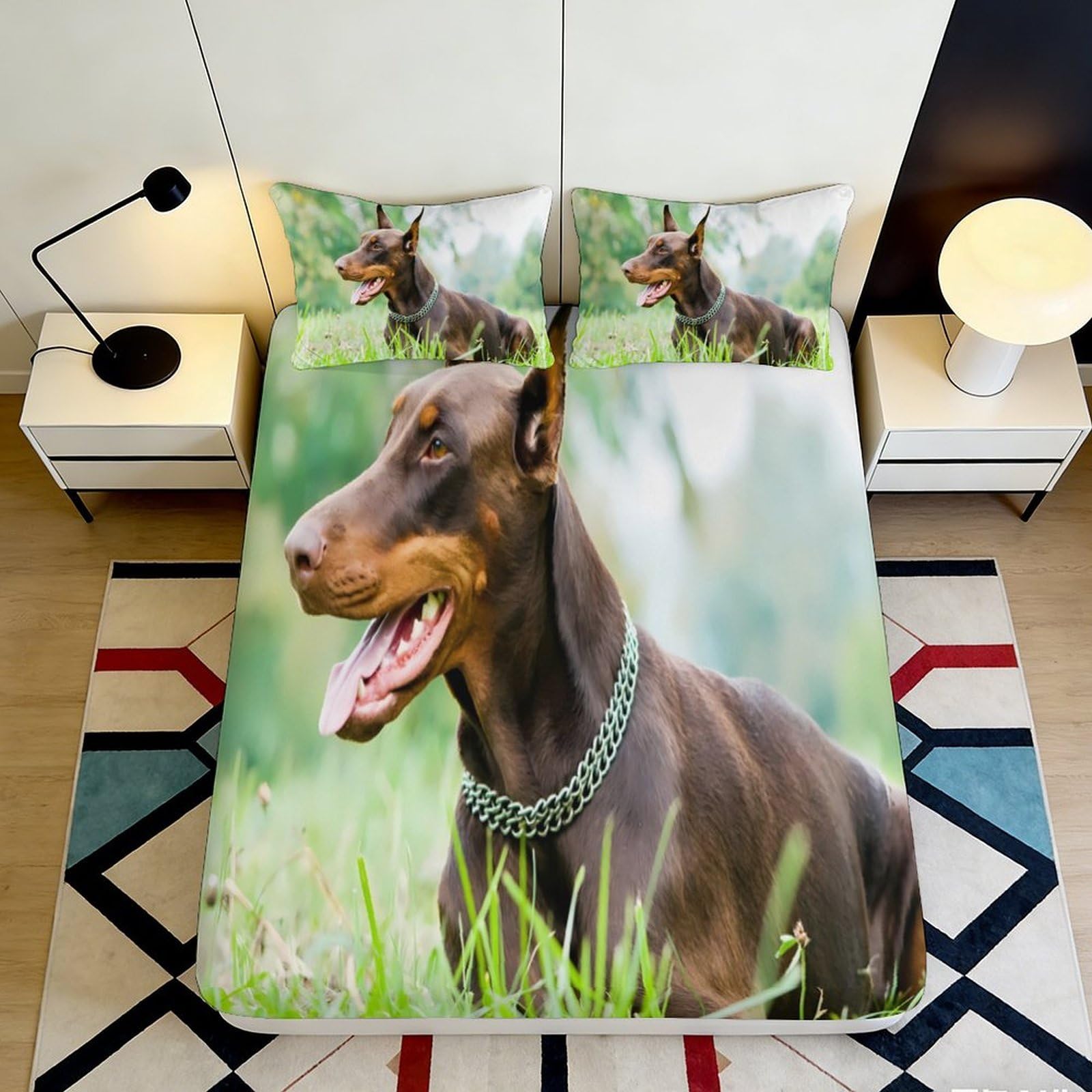 3D Printed Doberman Fitted Sheet Microfiber Soft Breathable Dog Pattern Bed Cover for Bedroom Dormitory Guest Room Mattress Protection Decor 180x200x25cm