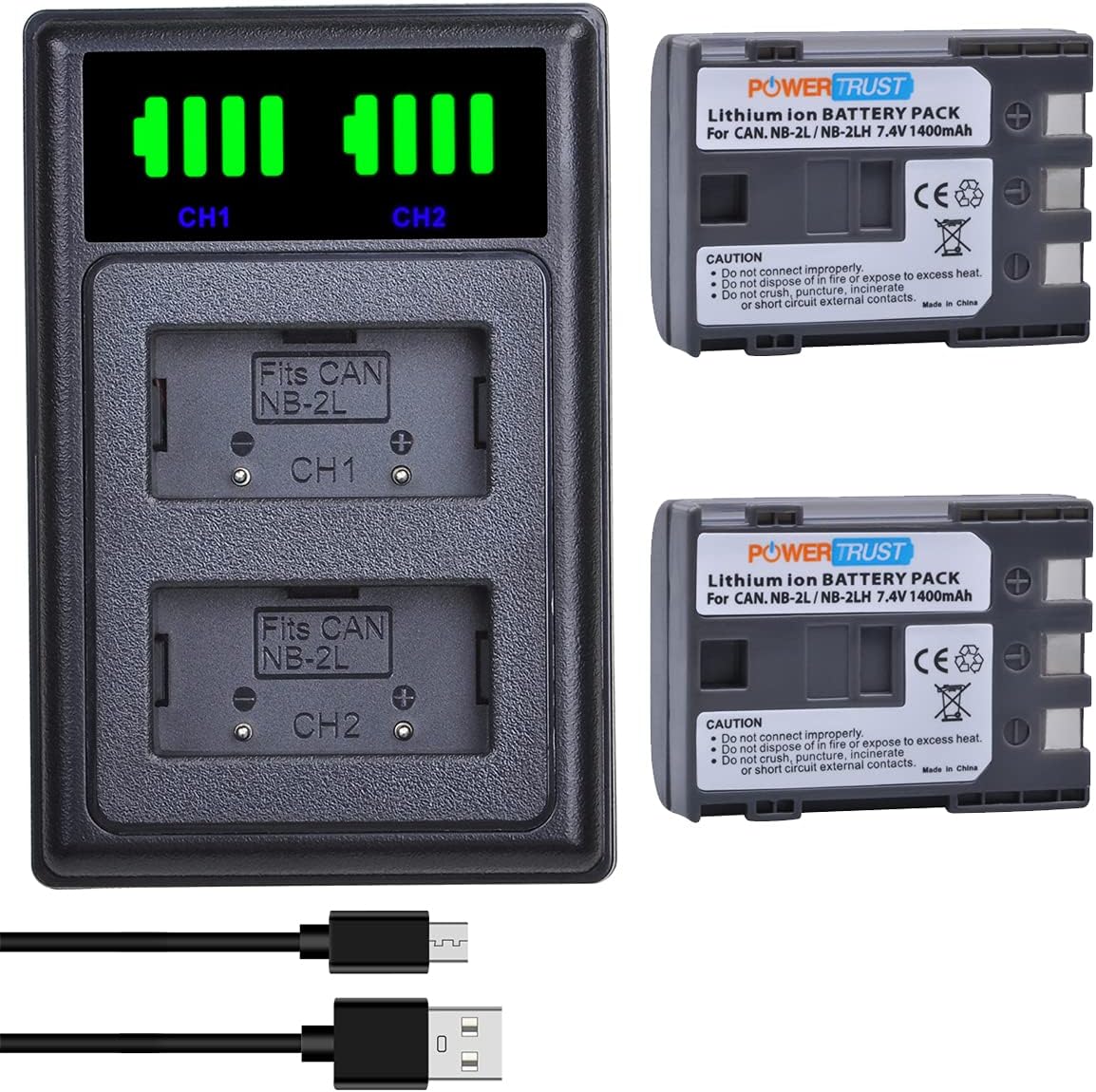 PowerTrust 1400 mAh NB-2L NB-2LH Battery + NB 2L Charger with USB and Type-C Connection for Canon EOS 350D, EOS 400D G7 G9 S30 S40 ZR950 ZR960 HG10 HV4