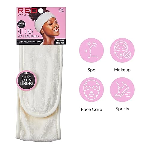 Miniatura 2 de Red by Kiss Diadema de spa para lavar la cara, banda ajustable para maquillaje facial, forro de satén sedoso, tela de rizo con cinta mágica, máscara