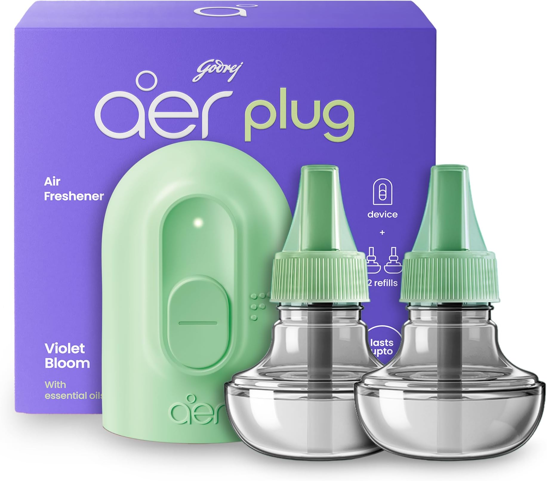 Godrej aer Plug Electric Air Freshener (Machine + 2 Refills (25ml each) | Violet Bloom | Lasts up to 120 days