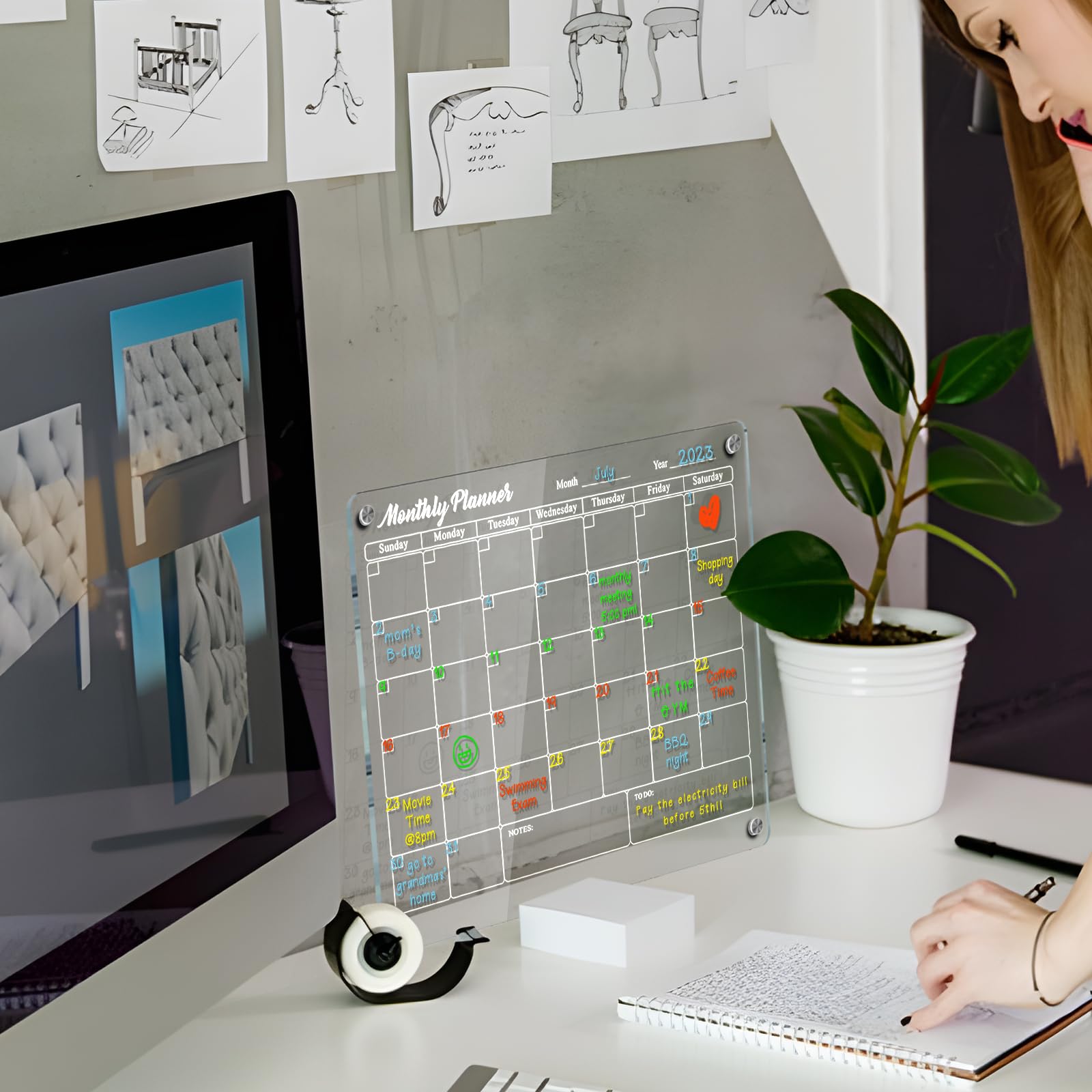 Magnetic Acrylic Calendar Set for Fridge - 16×12" Easy to Read & Clean, 2 PCS Dry Erase Transparent Whiteboards Includes 4 Bright Color Chalk Pens, Used for Home Kitchen Family Monthly Weekly Planner