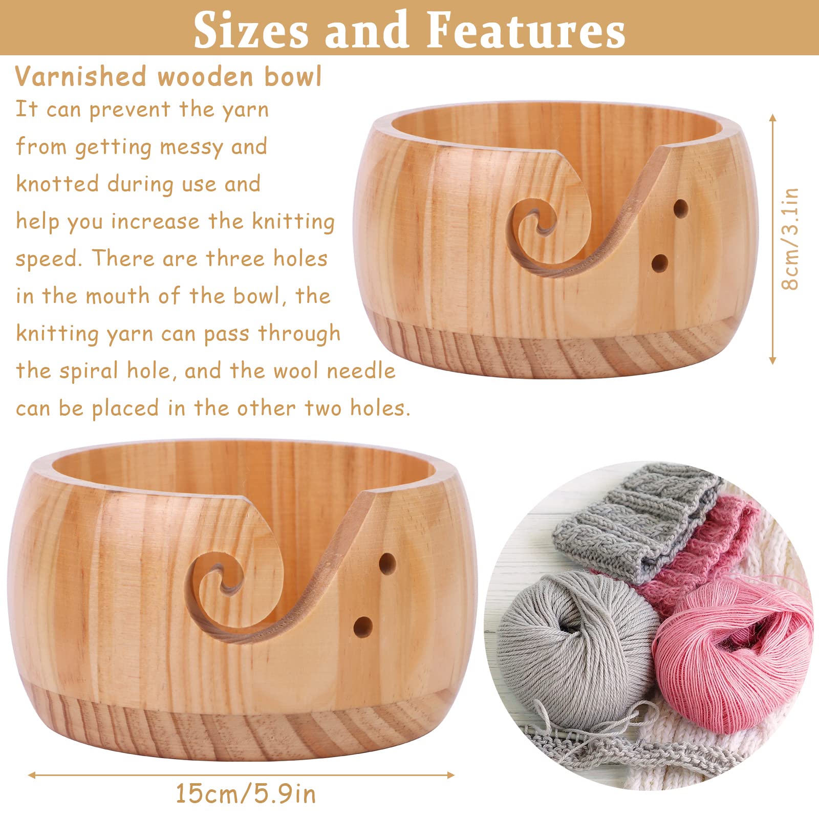 Bol En Bois Pour Fil à Tricoter/crochet - Avec Fente Incurvée Et Trous Pour Aiguilles, Rangement Pratique - 5
