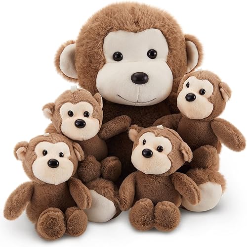 Lewtemi 5 piezas de animales de peluche grandes de mono con 4 lindos monos de peluche suaves animales de peluche para niños y niñas, regalos de