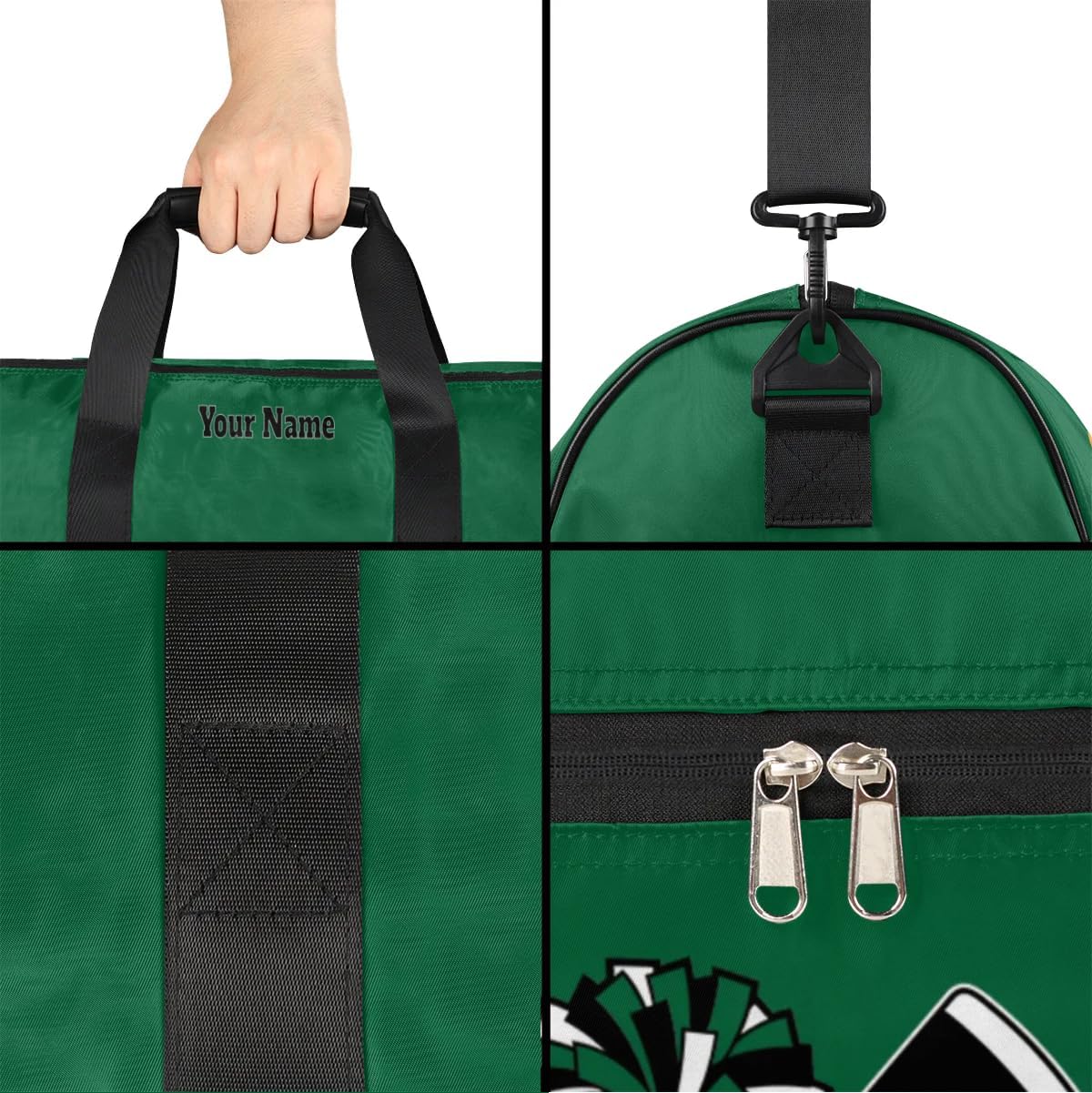Personalized Cheer Duffel Bag Cheerleader Weekender Overnight Bag Custom Name Team Gift Lightweight Gymnastics Dance Bag Waterproof Sport Gym Travel Collapsible Carry on Tote Bag Green Gold White