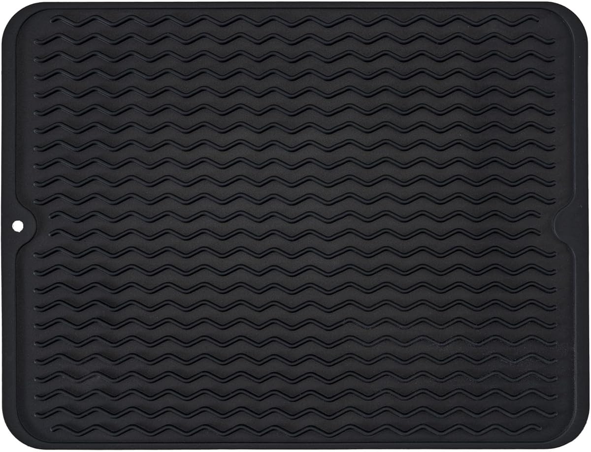 Silicone Dish Drying Mat, Non-Slip Easy Clean Sink Mat Large Heat-resistant Dish Drainer Mat for Kitchen Counter, Sink, Refrigerator or Drawer liner (16" x 12", BLACK)
