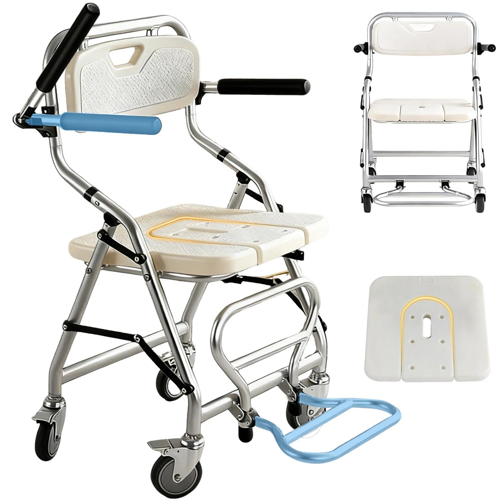 Silla de Ducha con Ruedas y Respaldo Desmontable, Carga 120kg