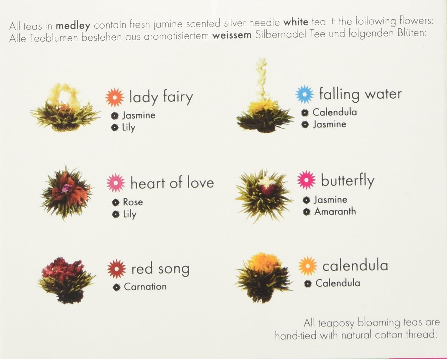Teaposy Medley (Variety of 6 Jasmine Scented Silver Needle White Blooming Teas with Herbal Flowers)