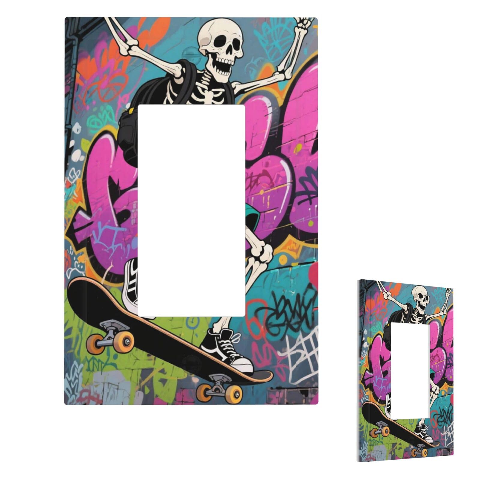 Fekiloot 1 Gang Skateboard Skeleton Skull Wall Plate Cover Modern Decorative Light Switch Cover Unbreakable Receptacle Outlet Covers For Living Room Bedroom Home Decor
