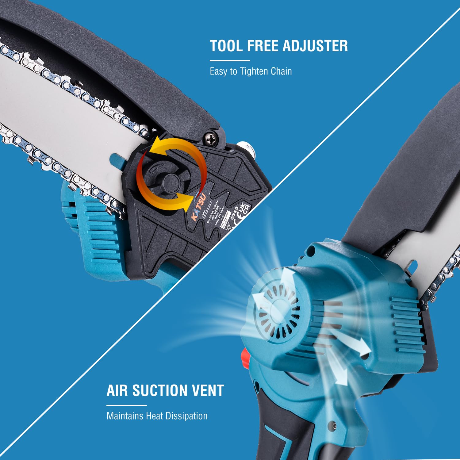 KATSU FIT-BAT Motosierra Batería Brushless 21V 6 Pulgadas sin Escobillas con Cadena Adicional y Bomba de Aceite Manual, para Cortar Ramas de árboles Madera, sin Batería