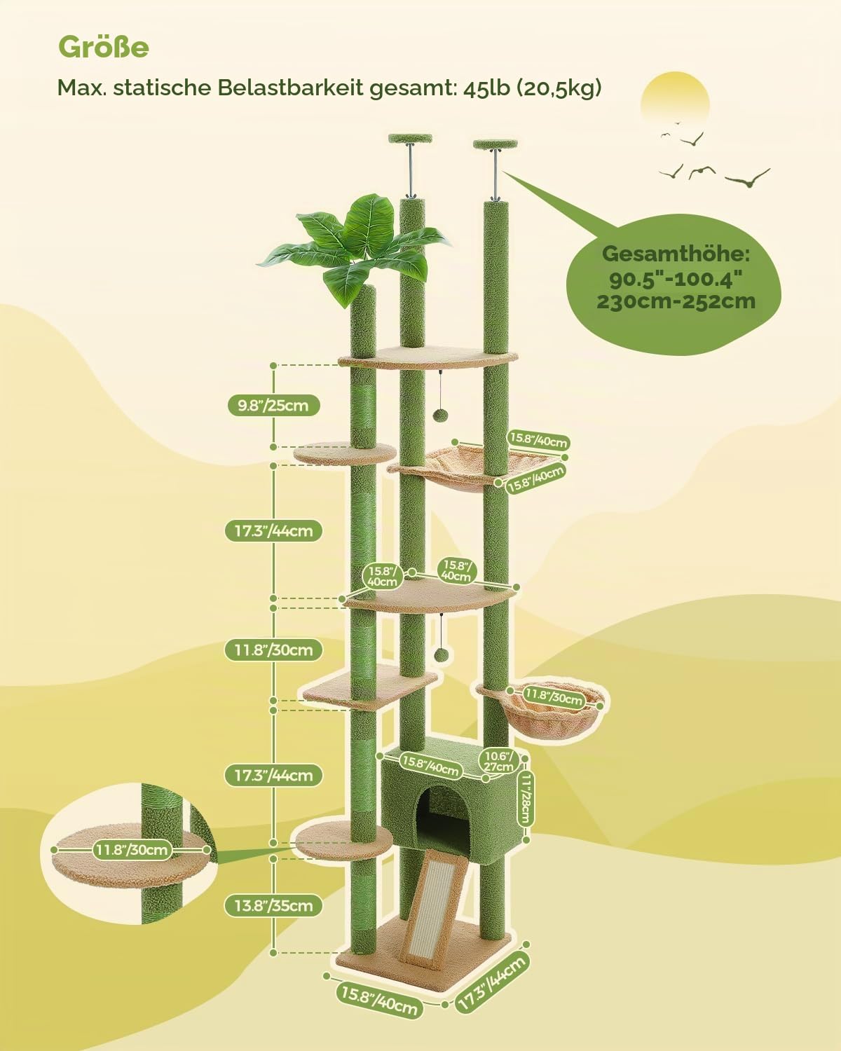 PAWZ Road Kaktus Kratzbaum Deckenspanner, 230-252cm Grün | deckenhoher katzenbaum, Hoch Katzenbaum Kaktus, Katzenhöhle, Katzenhängematte, Kletterbaum, 43L x 39B x 230H cm, Aktiv