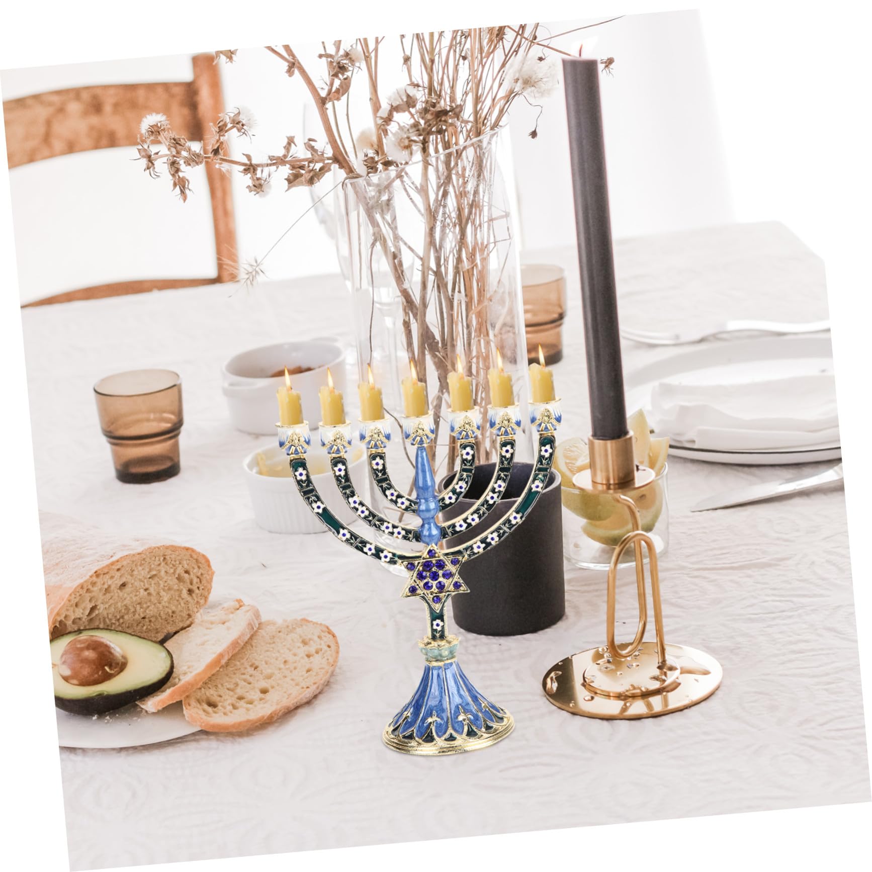 Candelabro de 7 Brazos de Aleación Azul, Estilo Vintage Religioso