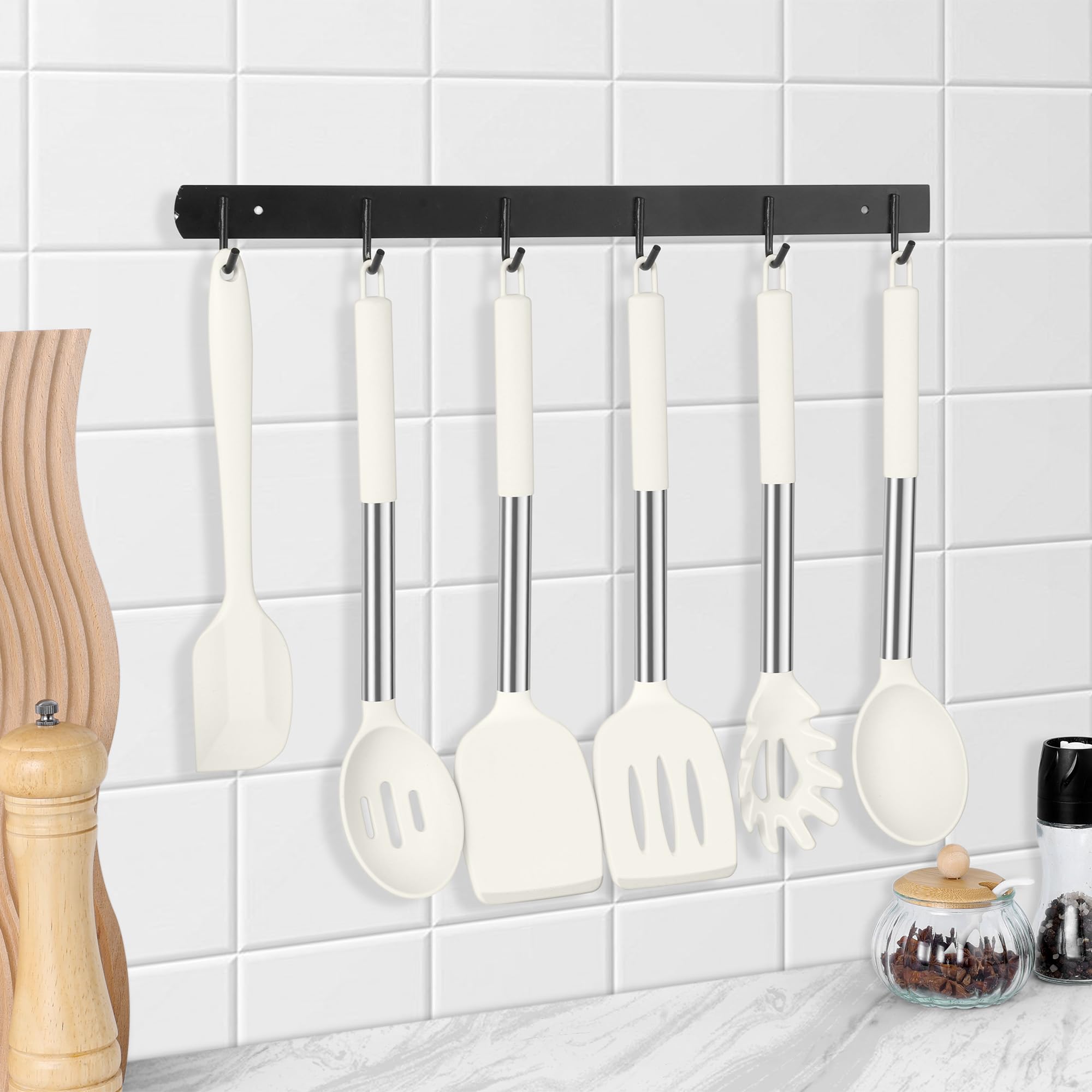 LIANYU Juego de 15 utensilios de cocina con soporte, utensilios de cocina de silicona con mango de acero inoxidable, herramientas de espátula resistentes al calor, cuchara de cepillo, pinzas, batidor,