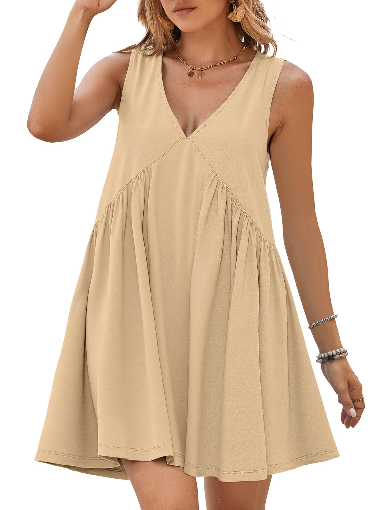 Womens Summer Sleeveless Mini Dress Casual V Neck Beach Tank Babydoll Short Sundresses for Vacation Party 2025