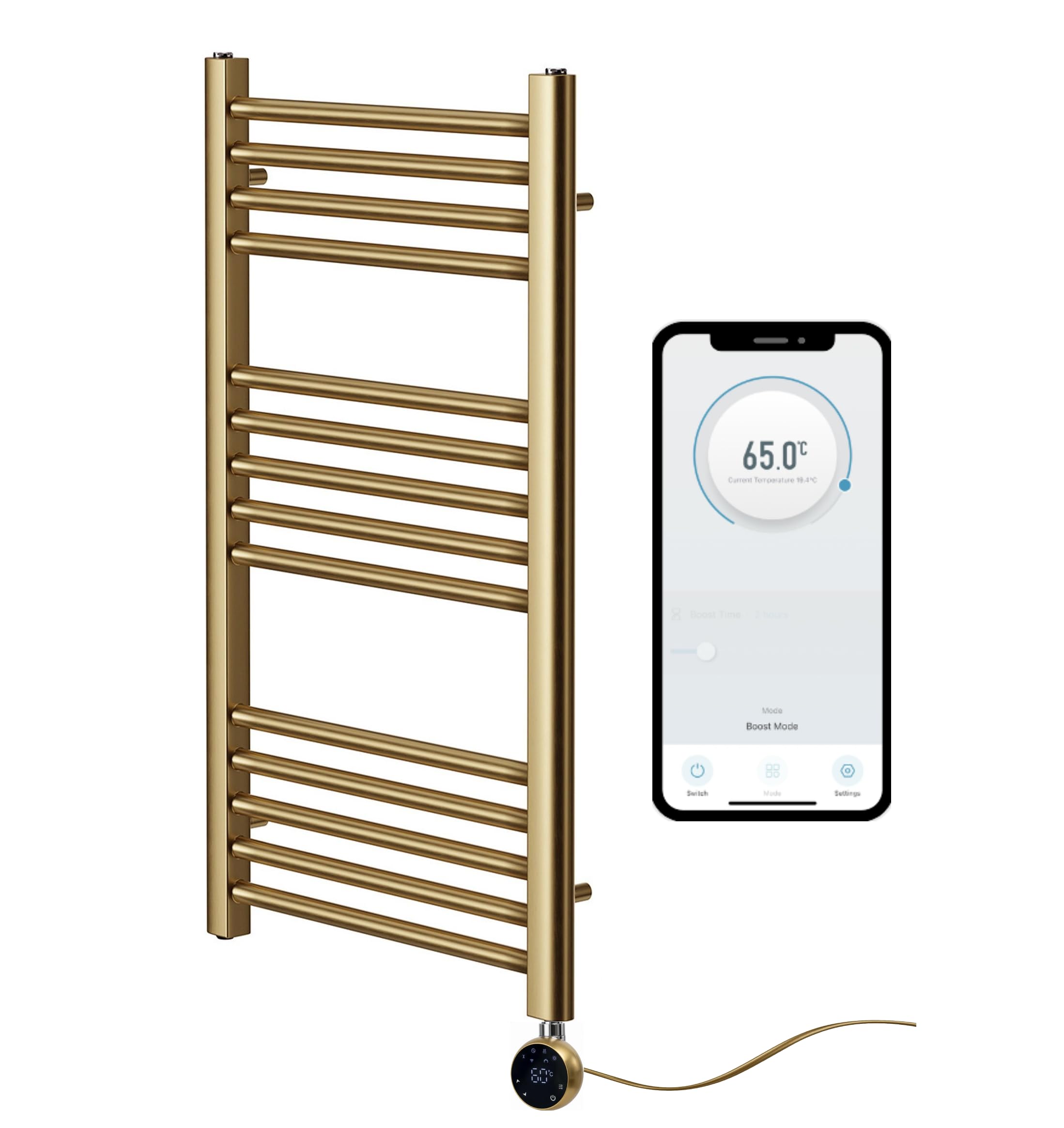 Greened House Brushed Brass Electric WiFi Towel Rail 400mm W x 800mm H