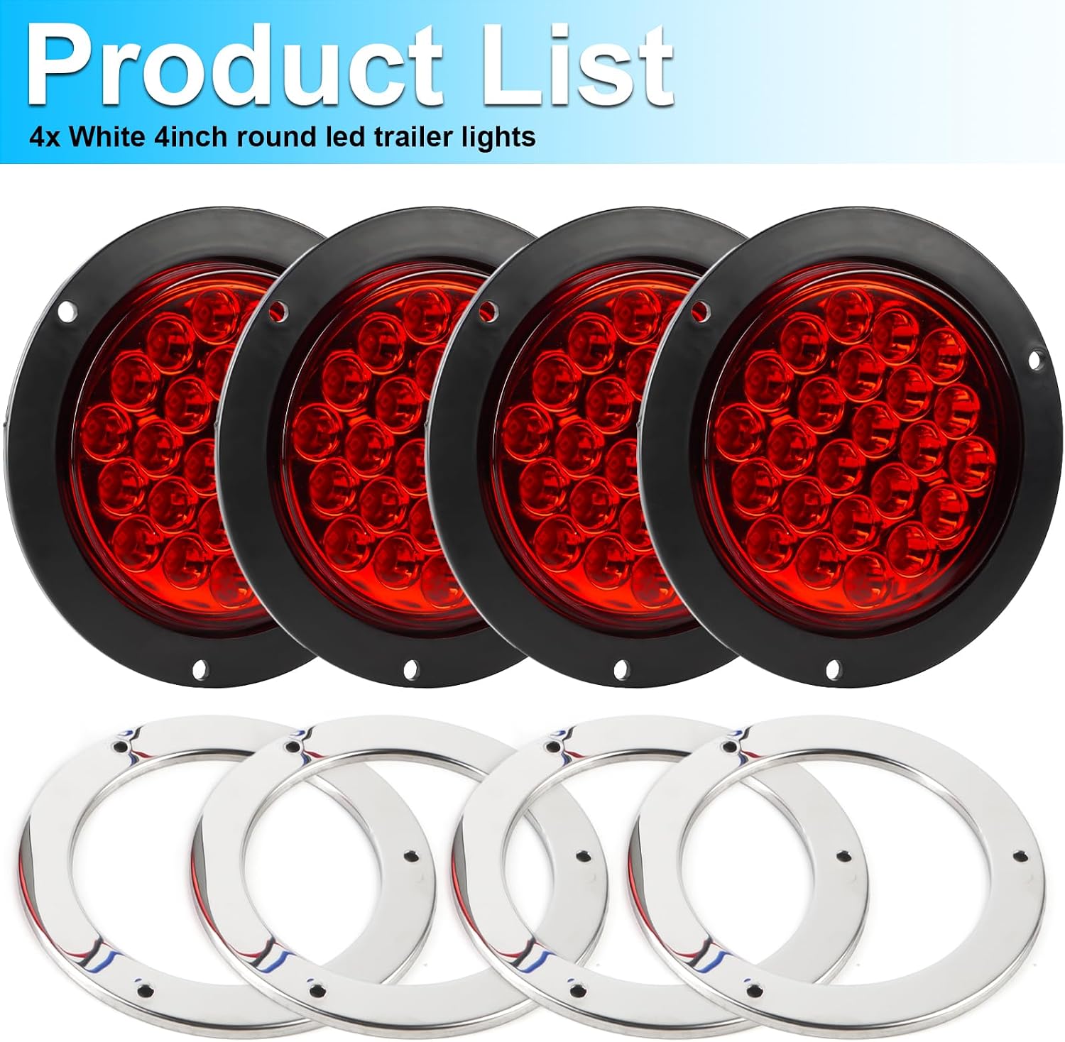 LIGBT 4Pcs 4 Inch Round Red LED Stop Turn Tail Lights 24 LED 4" Trailer Tail Brake Backup Reverse Lights with Stainless Steel Chrome Bezels for Truck Trailer RV Boat