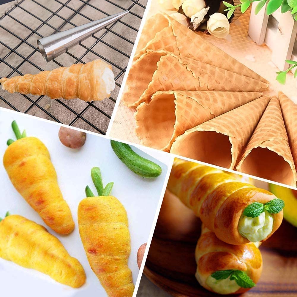 Confezione da 16 stampi a forma di corno, 12,7 cm, di grandi dimensioni, per cannoli, gelato, in acciaio inox, da donna, per pasta sfoglia, crema, corno, cialda, cono per pasticceria, corno, cornetto