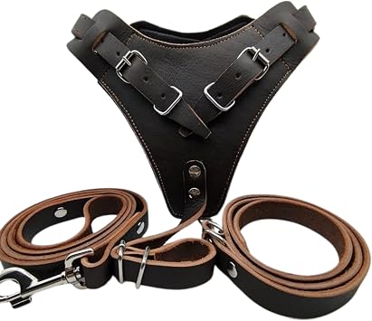 Heavy Duty Leather Dog Harness & Leash Set No Pull Adjustable Dog Harness, Leather for Large Dogs, Pitbulls, German Shepherds Comfortable Training Vest Brown
