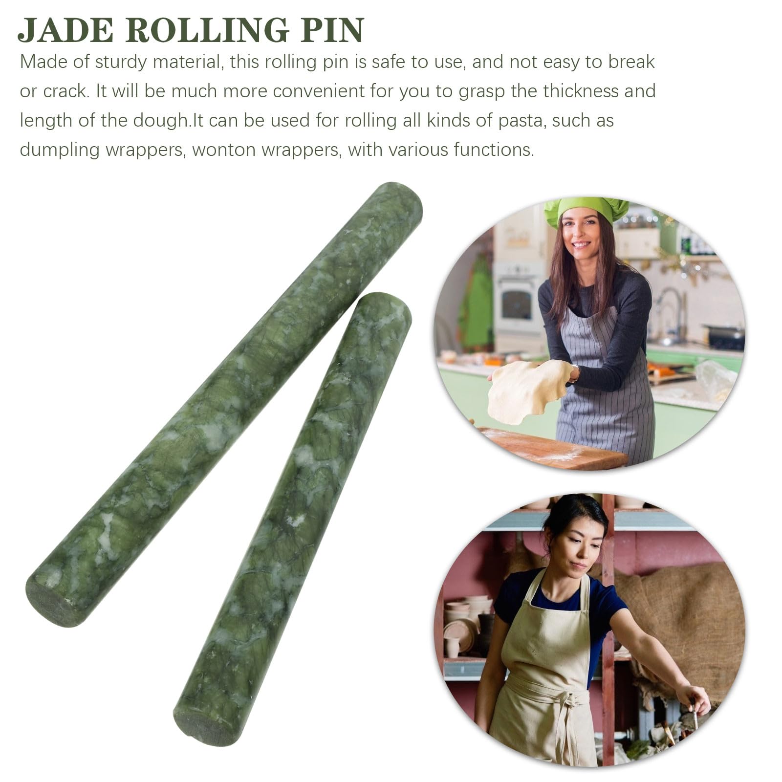 Lot de 2 Rouleaux à Pâtisserie en Jade Naturel Vert, Surface Antiadhésive Prise Confortable, pour Pâte à Raviolis et Pâtisserie Maison