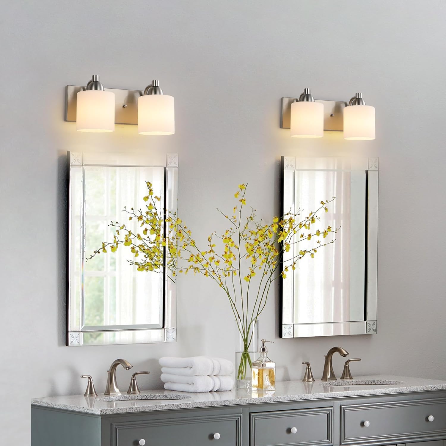 Mecgirn Stainless Steel Milk Glass Vanity Lights for Bathroom, 2 Light Brushed Nickel Bathroom Light Fixtures Over Mirror, Ceramic E26 Sockets Wall Mounted