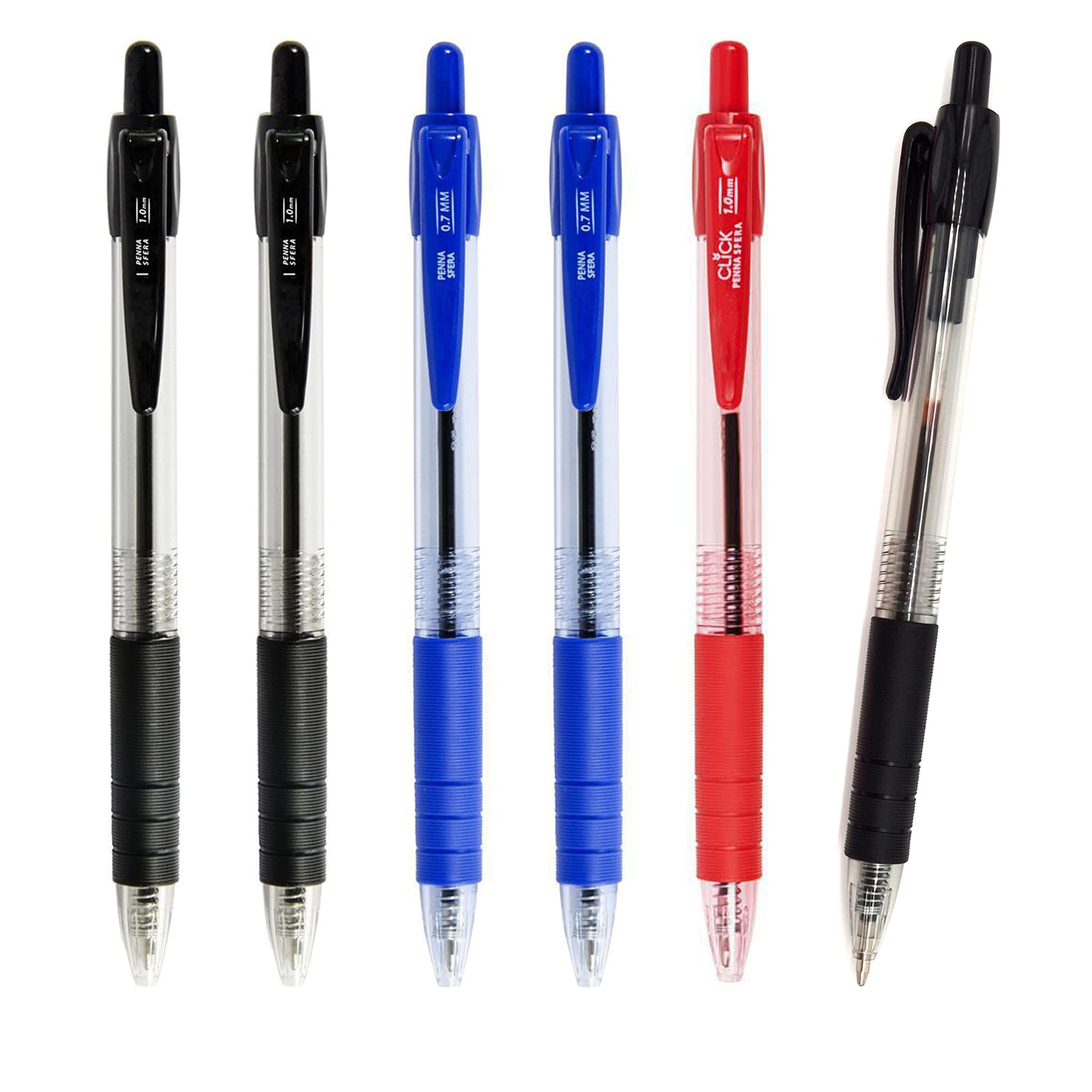 Pack 6 Mixto Bolígrafos Retráctiles y Recargables, Punta Media 1,0 mm, Escritura Suave y Fluida, Blíster Práctico para Oficina, Escuela y Hogar, 3 Negro, 2 Azul y 1 Rojo