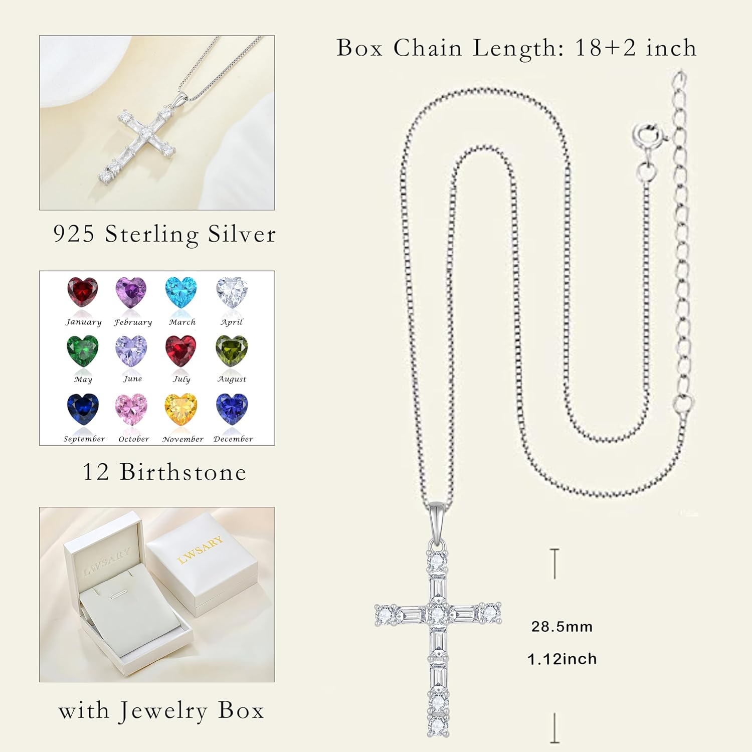 Birthstone Cross Necklace 925 Sterling Silver Crucifix Christian Religious Pendant Rectangular Square Cut Cubic Zirconia Jewelry for Women - Image 6
