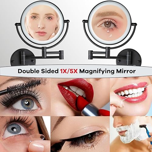 Miniatura 3 de RECKODOR Espejo de maquillaje recargable para baño con aumento 1X5X con luz, brazo extendido, rotación de 360 grados de 8 pulgadas, sin alambre