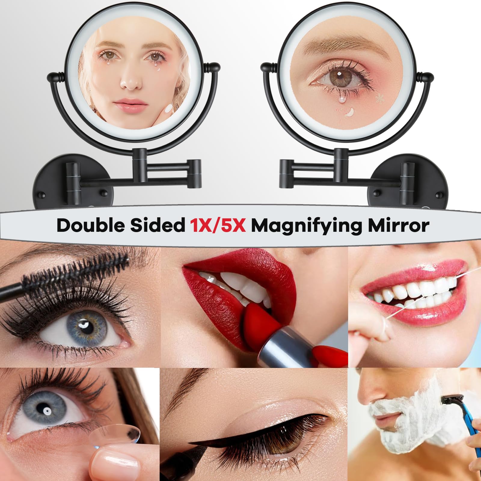 Espejo Maquillaje con Luz Pared, 1X / 5X Doble Cara Espejo Baño,Material de Latón,Espejo Aumento con Luz,Control por Interruptor Táctil,Brillo Ajustable,360 Giratorio Espejo para Baño,Hotel