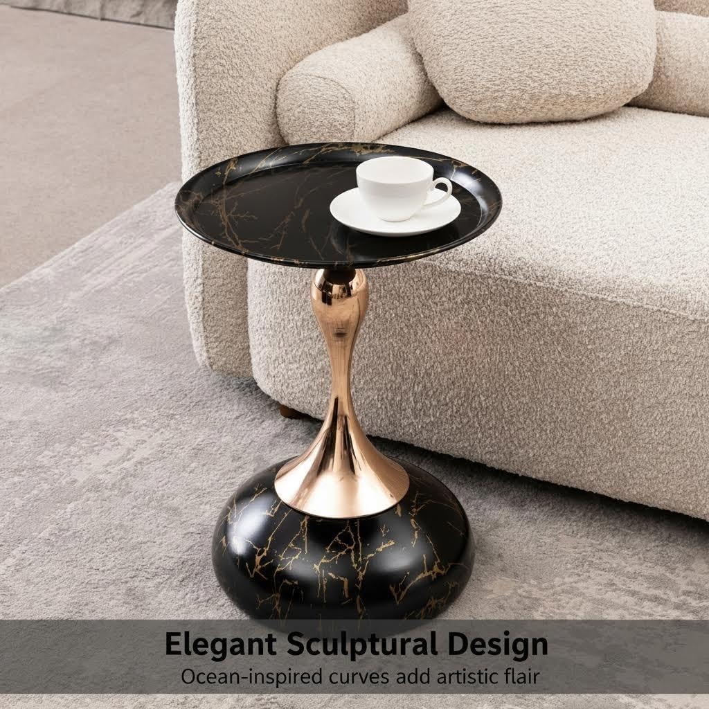 Mermaid Tail End Coffee Table – Modern Metal Pedestal Side Table with Round Tray Top for Living Room, Bedroom, or Office (Black Marble Pattern)