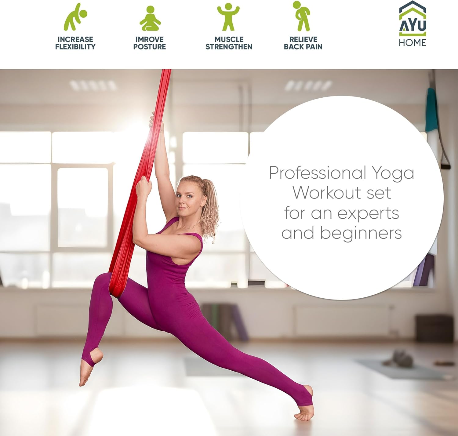 AyuHome Aerial Silks Kit for Home - Premium Yoga Swing for Kids and Adults with 660 lbs Capacity - Versatile Aerial Yoga Hammock for Gymnastics Training