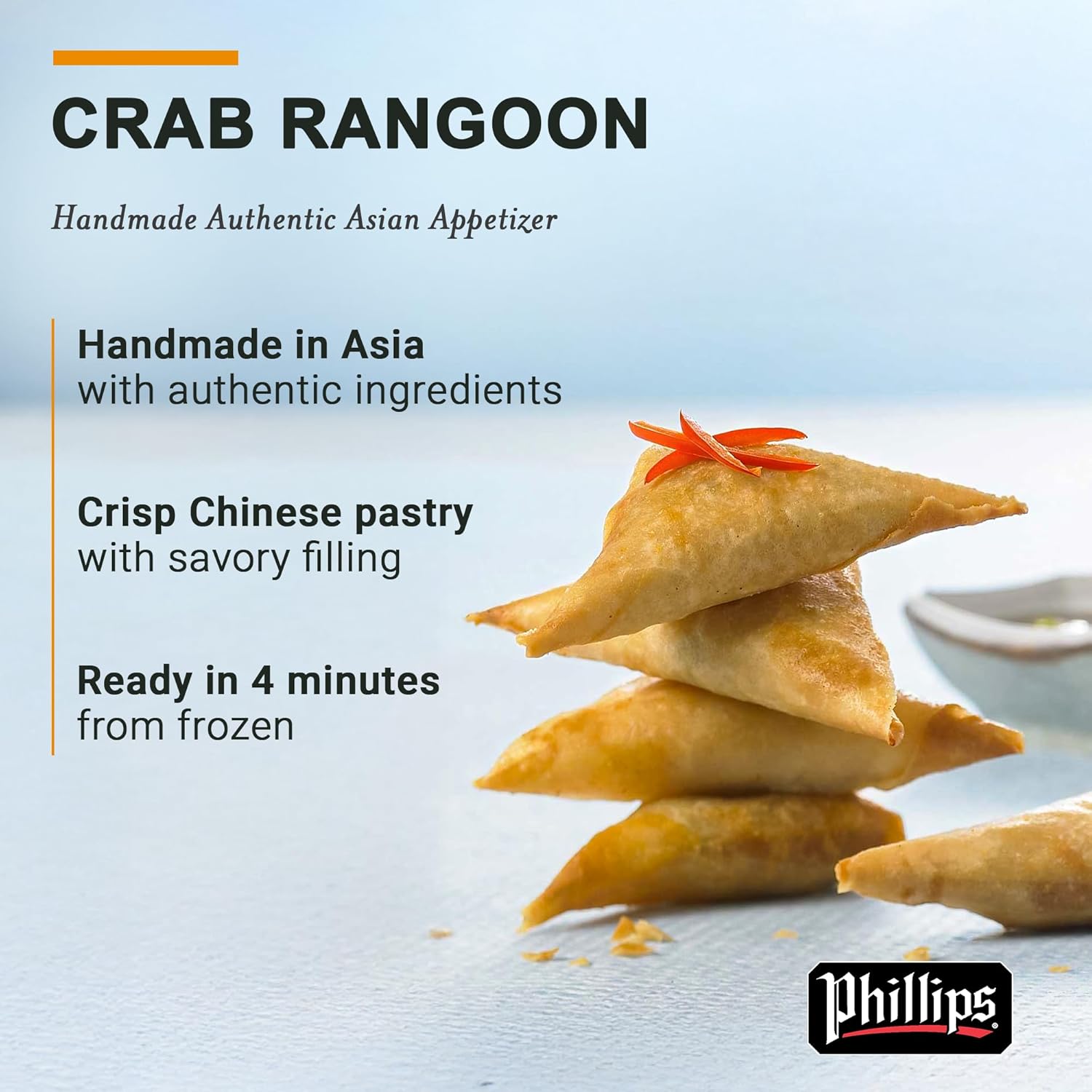 Phillips Crab Rangoon Dumplings 60 Pcs – Hand-Rolled Dumplings with Crab Meat & Cream Cheese, Frozen Appetizer Snack, Authentic Asian Pastry with Savory Crabmeat & Seasonings