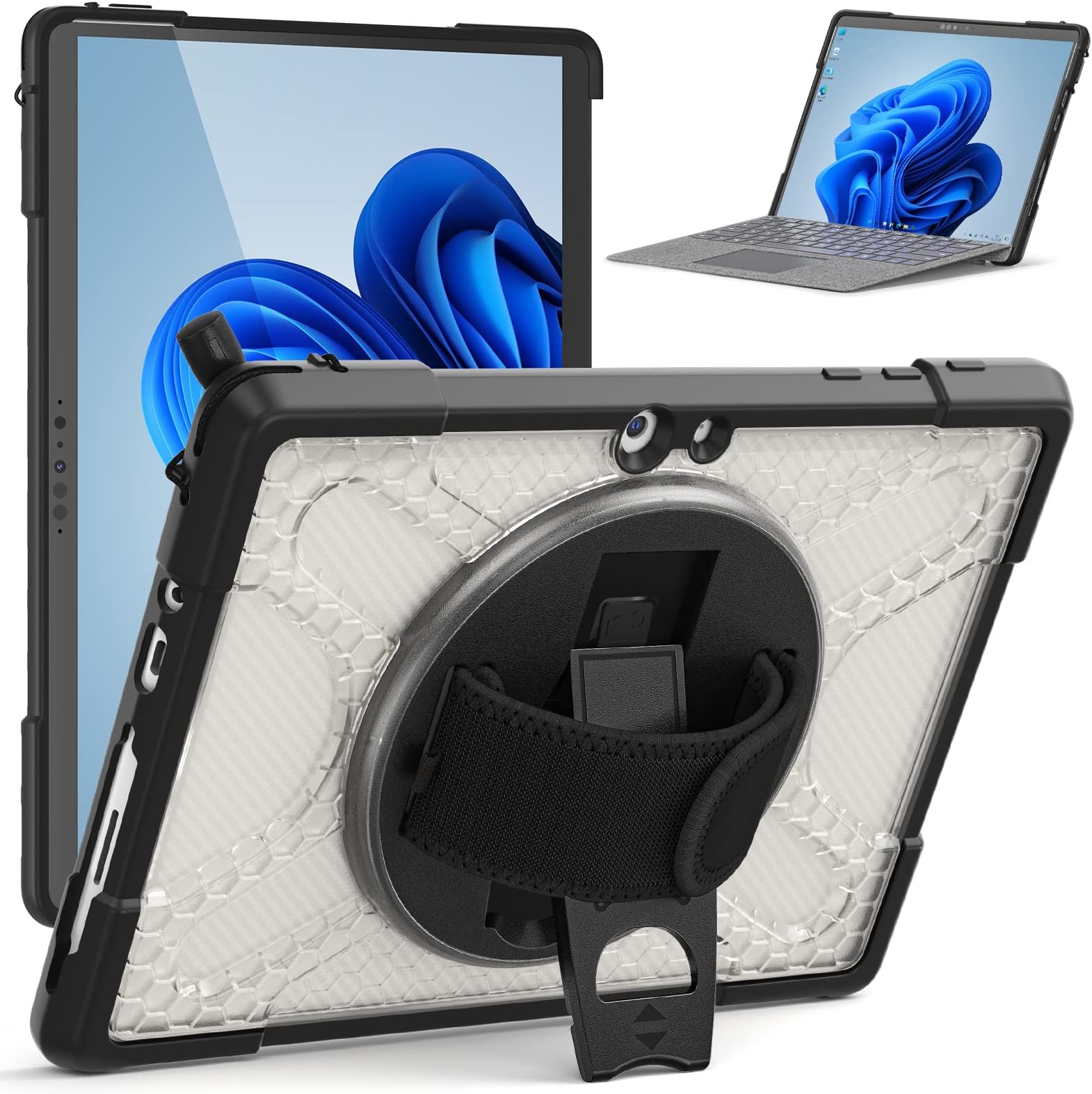 Junfire Shockproof Case for Microsoft Surface Go4/ Surface Go3/ Surface Go2, Protective 10.5 Inch Case with Hand Strap/360°Rotating Kickstand/Stylus Holder, Compatible with Type Cover Keyboard-Clear