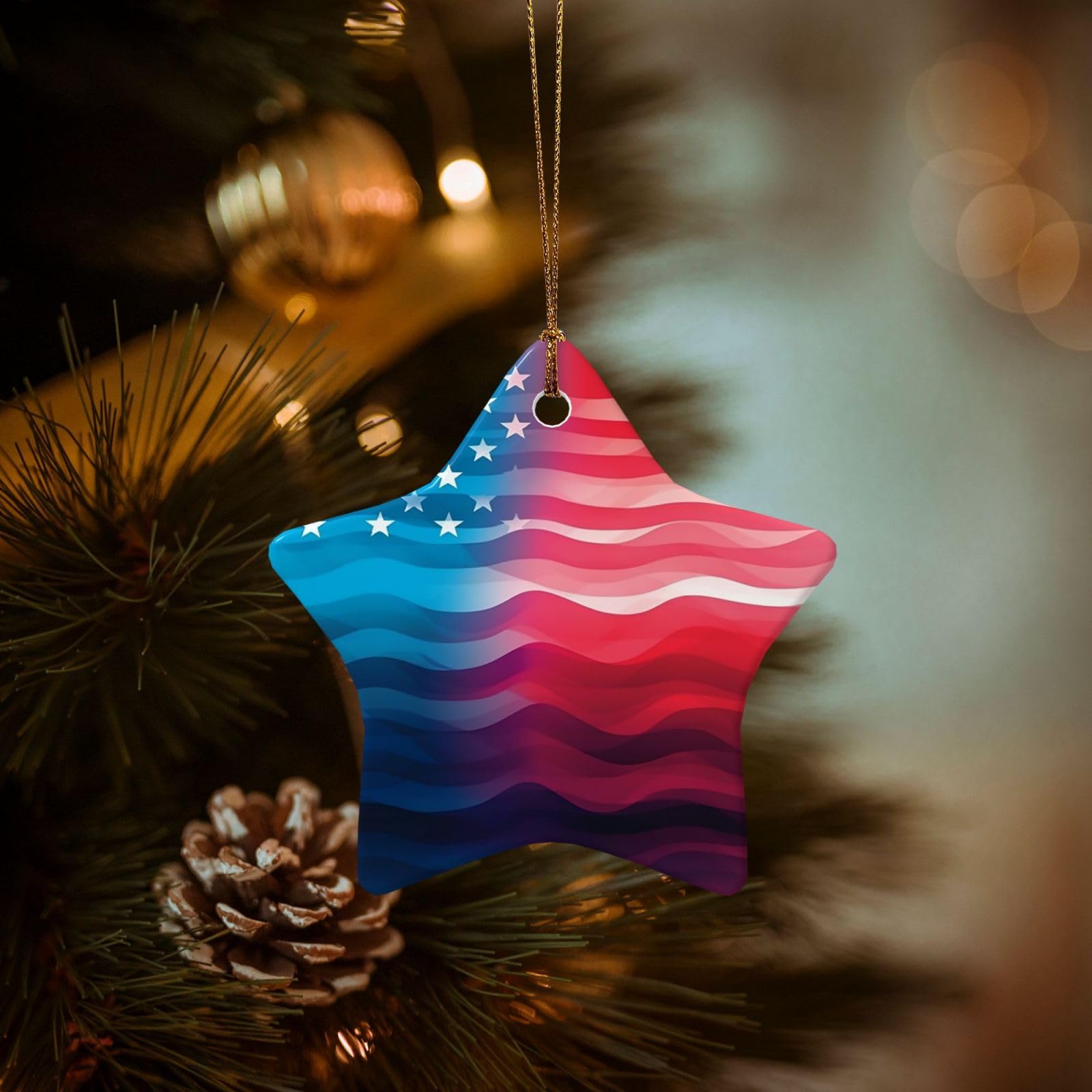 Christmas Tree Ornaments Ceramics Christmas Decorations Gradient American Flag Ornaments with Gold Ribbon Porcelain Xmas Tree Crafts Star Shape Hanging Pendant for Christmas Tree Party Decor