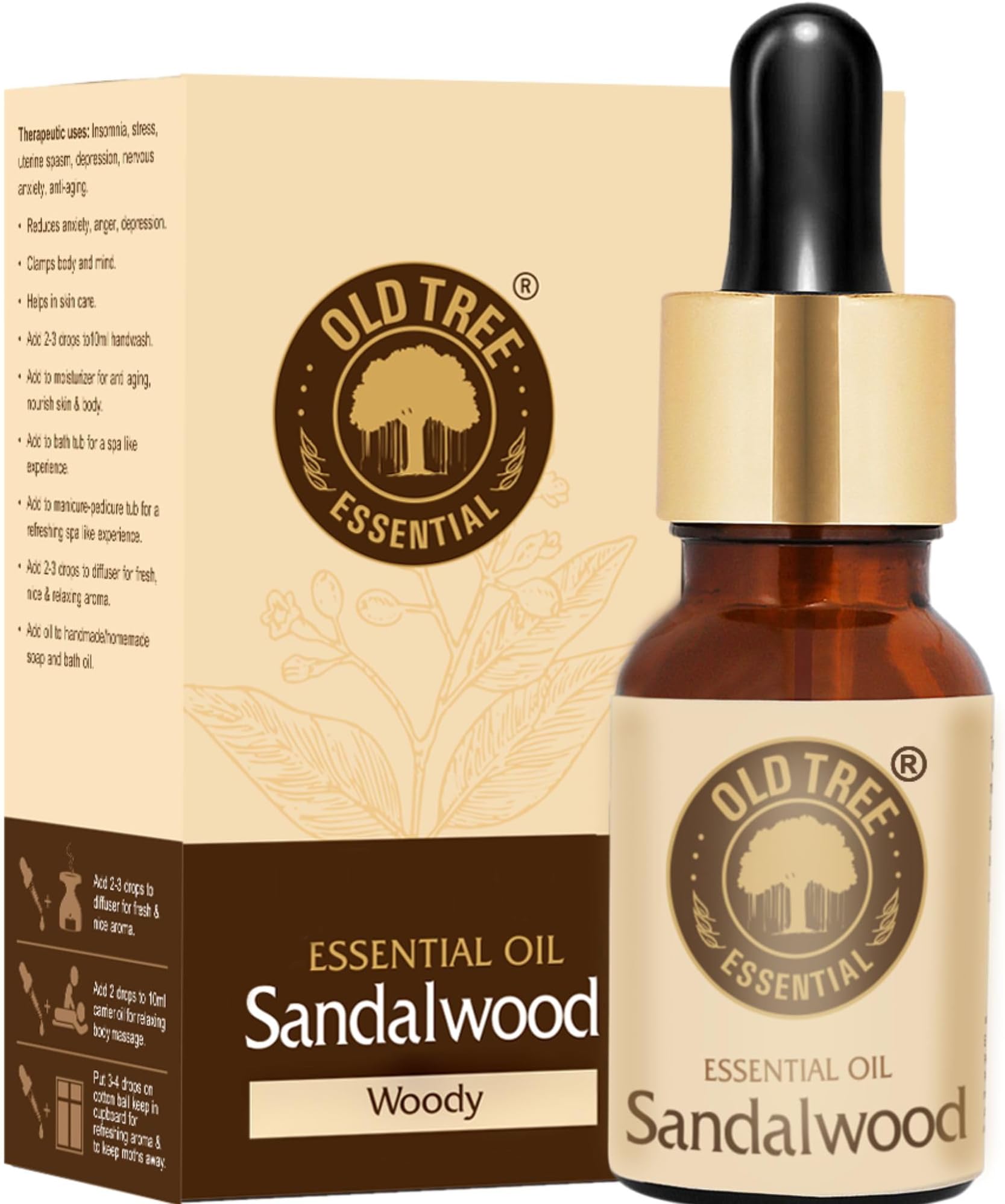 Old Tree Pure Sandalwood Essential Oil for Fragrance, Skin, Bathing (30ml) - Chandan Oil with Dropper for Stress Relief & Relaxation - Organic Oil for Aromatherapy, Diffuser, Soap & Candle Making