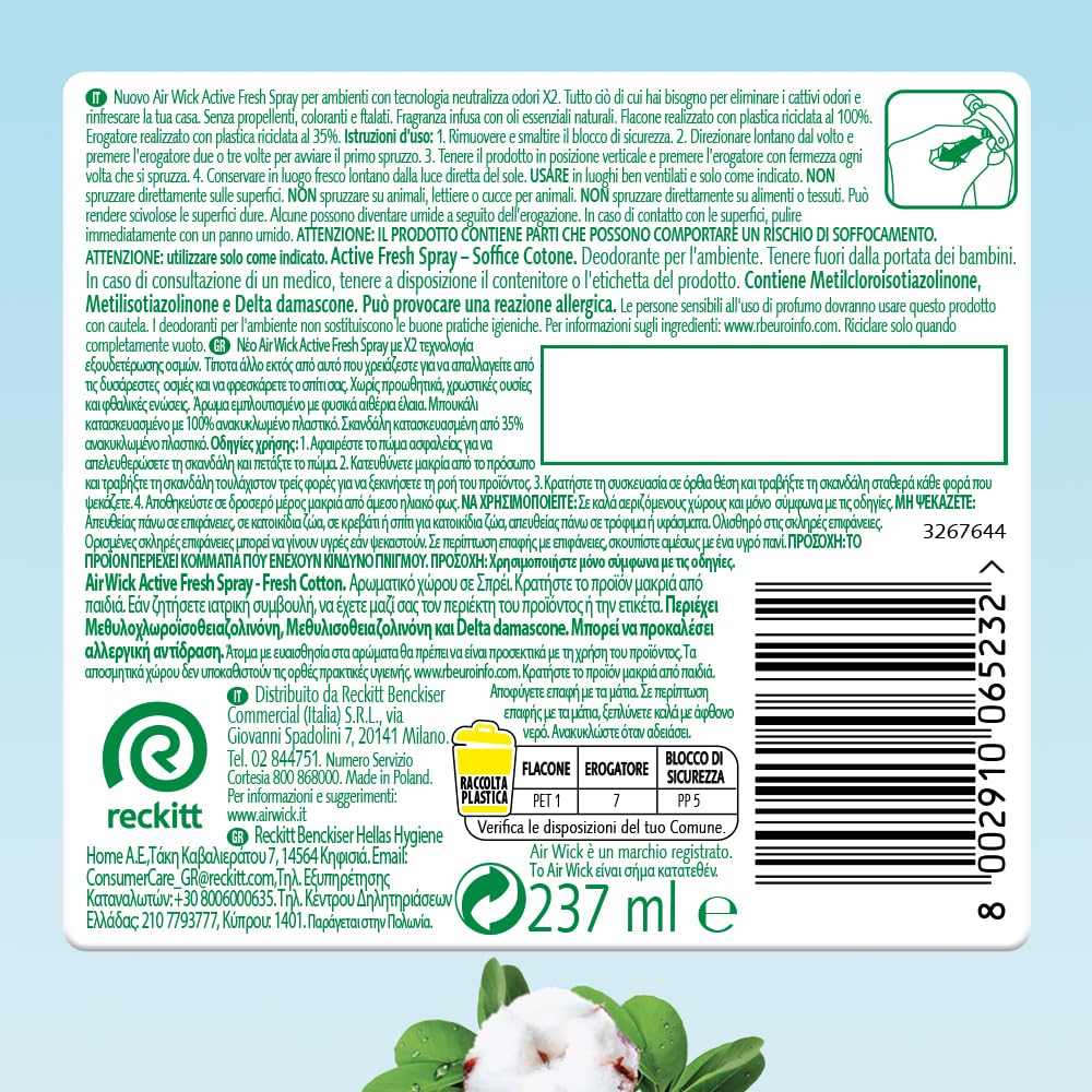 Airwick Profumatore per Ambienti, Confezione da 8 Spray da 250ml, Spray Active Fresh al Profumo di Cotone, Deodorante Ambiente