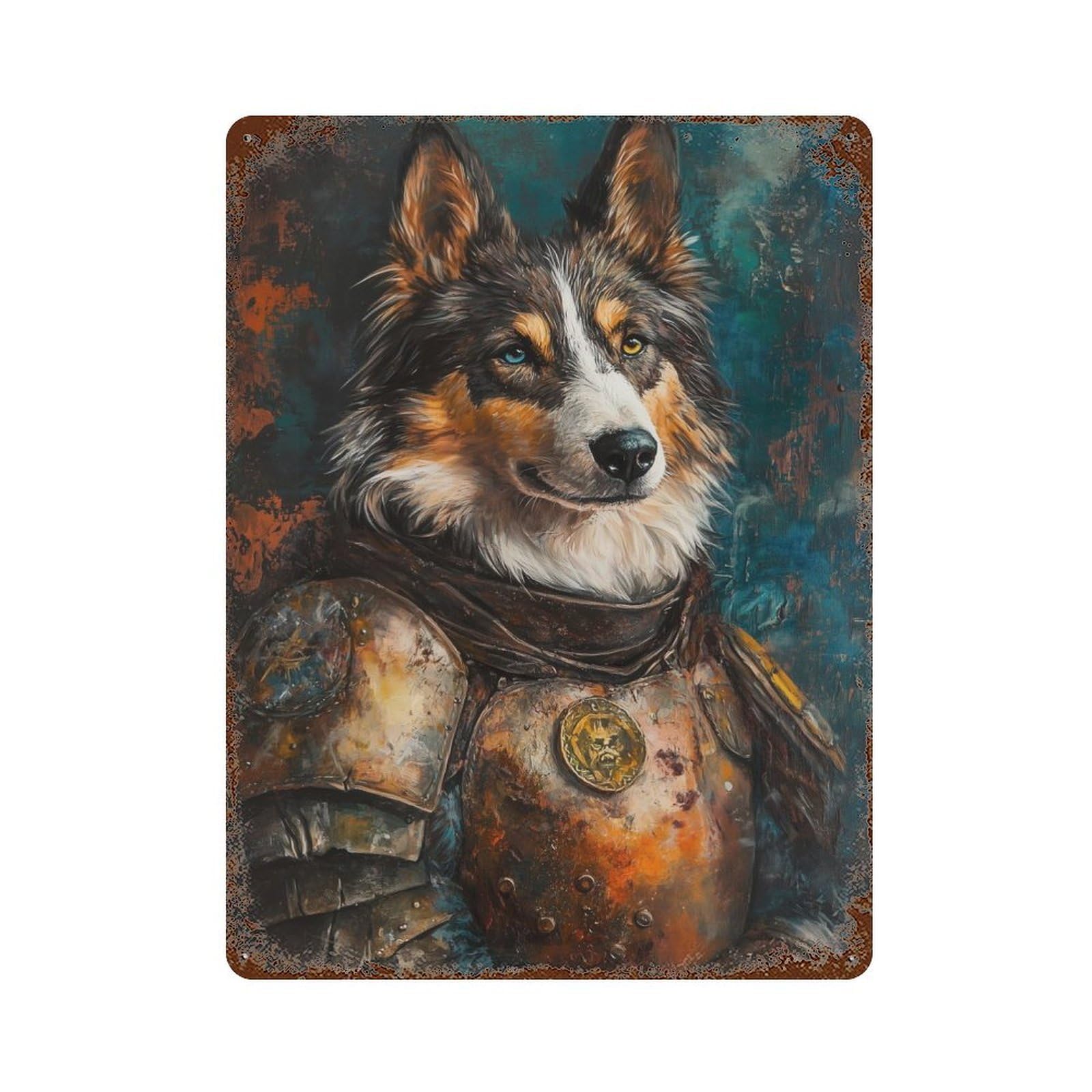 Rust Effect Australian Shepard In Armor Vintage Metal Tin Sign 15.7"x11.8", Decorative Metal Wall Art for Office, Studio And Wall Decor