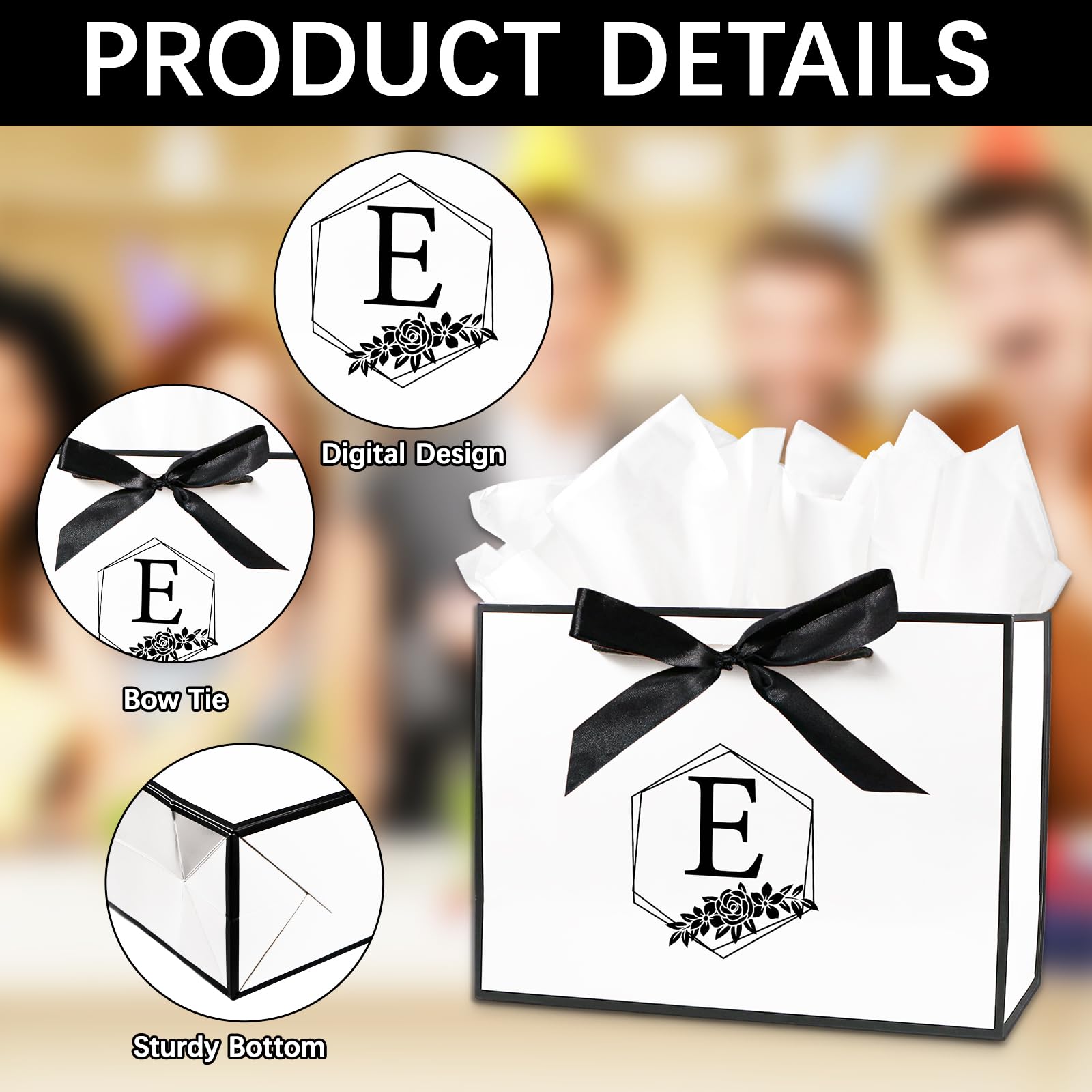 Personalized Initial Gift Bag, Large Alphabet Birthday Gift Bag with Tissue Paper and Bow Ribbon for Men Women, Initial Bow Bags for Gifts Wrapping, Bridal Party, Birthday Decorations (White, L)