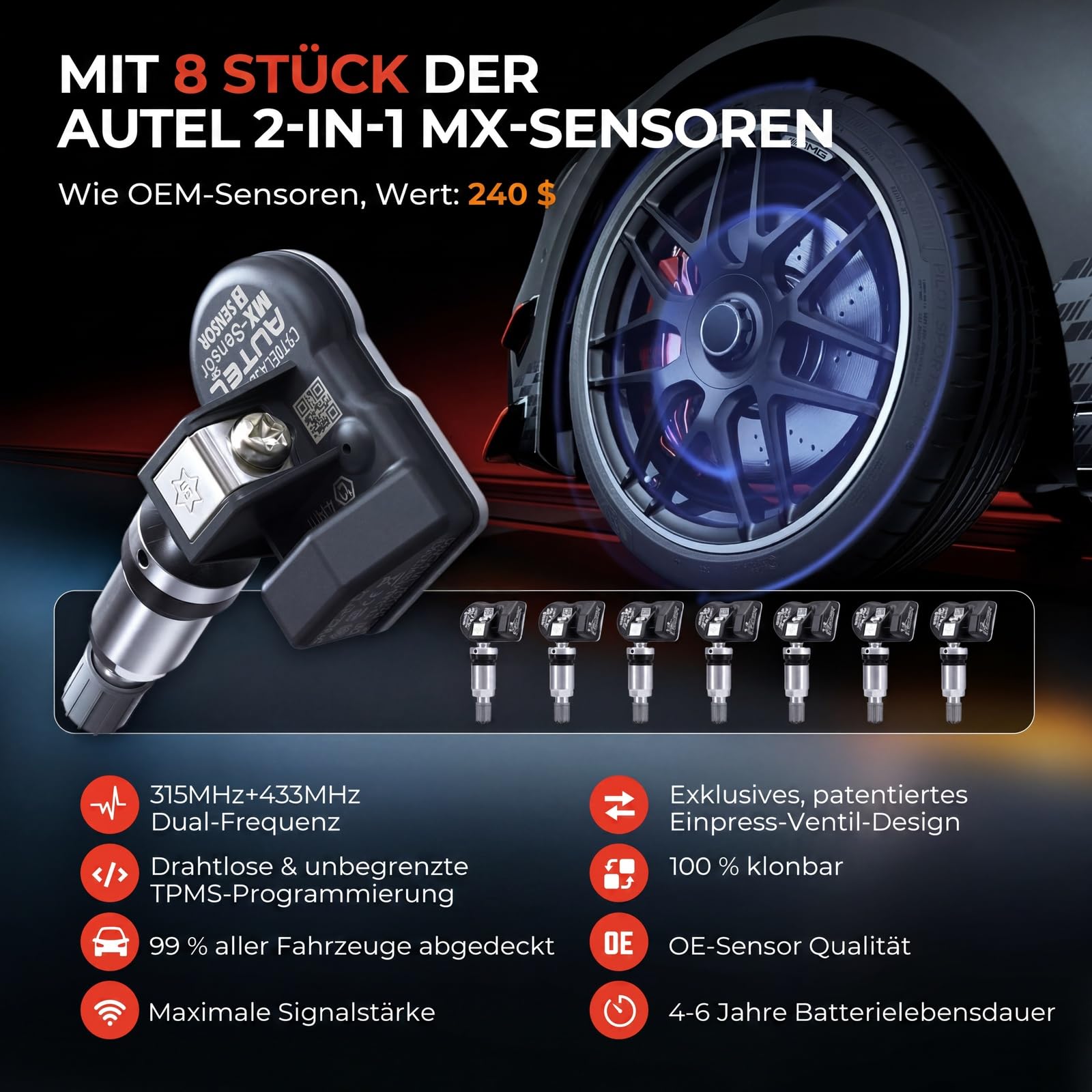 Autel MaxiTPMS TS508WF WiFi RDKS Kit inklusive 8 MX-Sensoren TPMS Diagnose | 2 Programmierverfahren, drei Anlernarten, alle Sensoren aktivierbar, lebenslang Updates, 1 Jahr Garantie