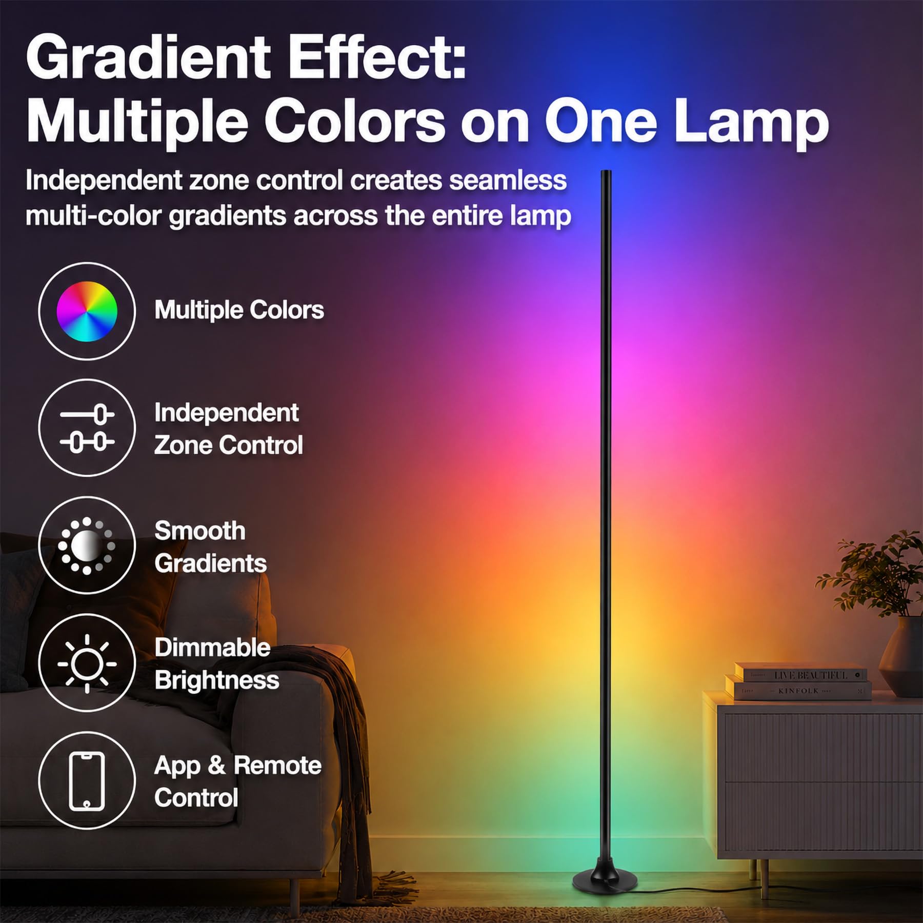 Lampada da terra a LED, lampada angolare a LED da 120 cm con app e telecomando, sincronizzazione musicale, lampada smart da 16 milioni di colori per soggiorno, camera da letto e gaming