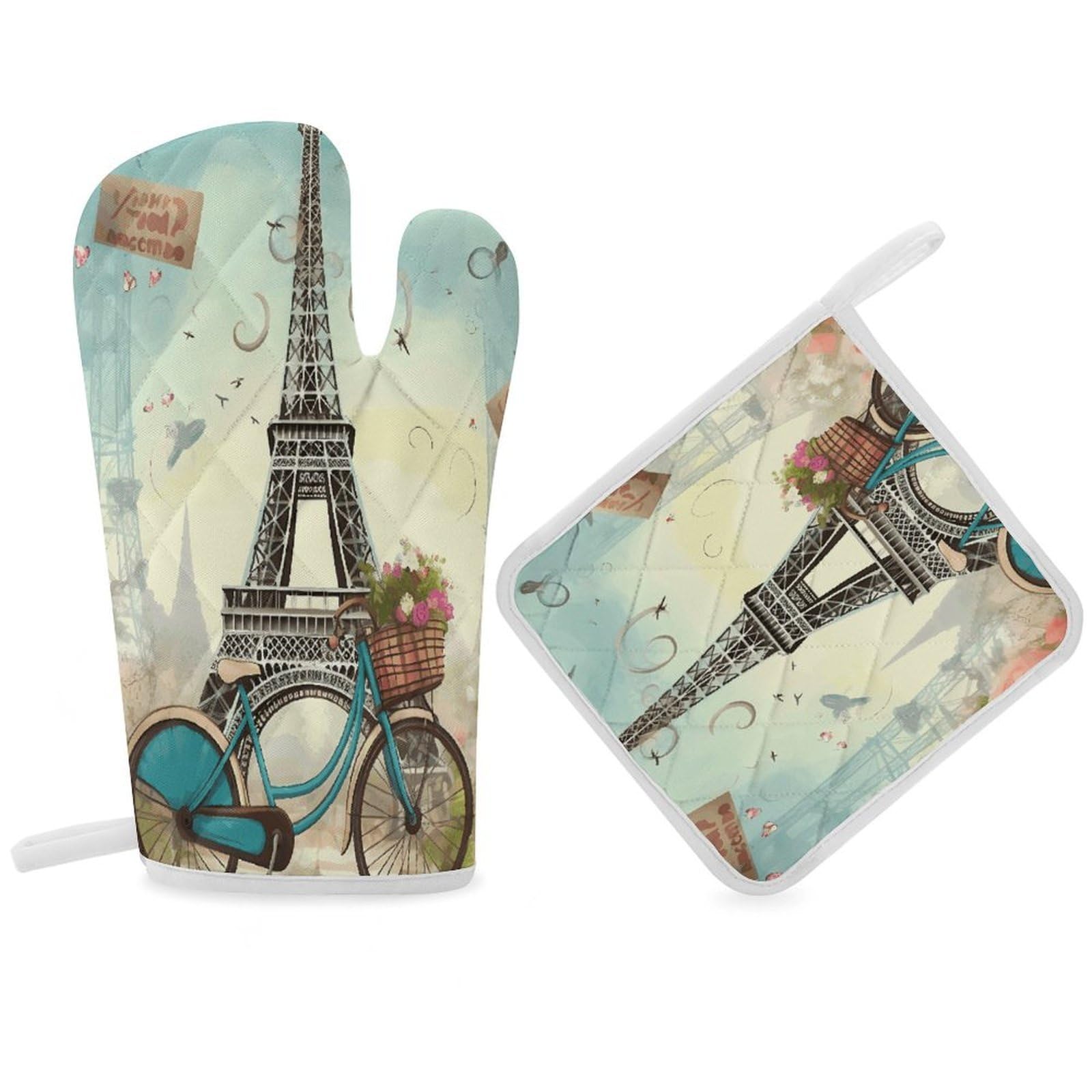 Fodpand Women's Style Eiffel Tower Bike Oven Mitts And Pot Holders Sets,Oven Gloves For Kitchen Oven Mitts And Potholders For Baking Cooking Grilling Apartment Essentials