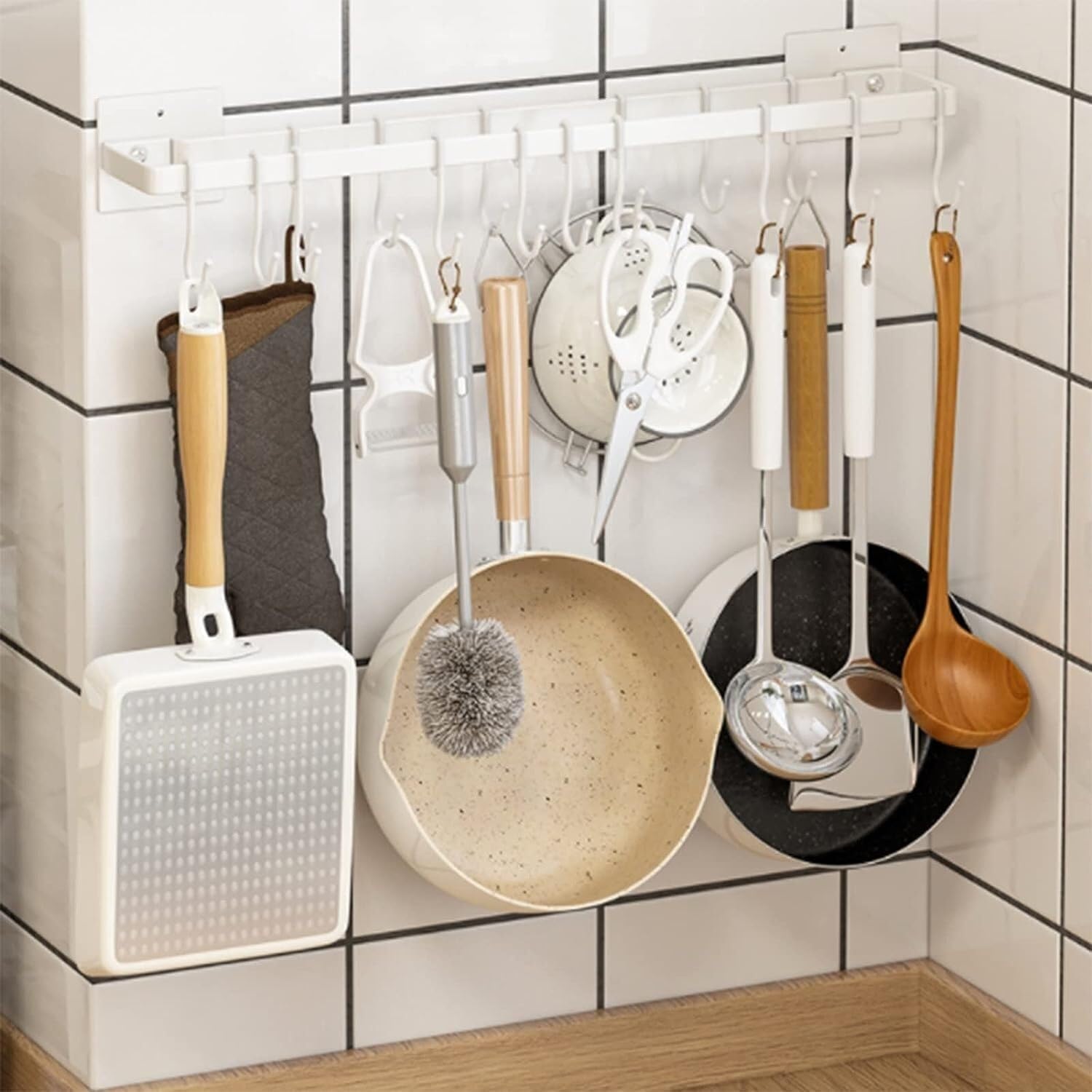 Utensil Rack,Kitchen Hanging Rail,Wall Mounted Utensil Racks,Kitchen Hanging Rail,Kitchen Utensil Holder,U shaped Utensil Rack with Hooks, Double pole Cup Rack, Wall Mounted Kitchen Rail (Size : 47 *