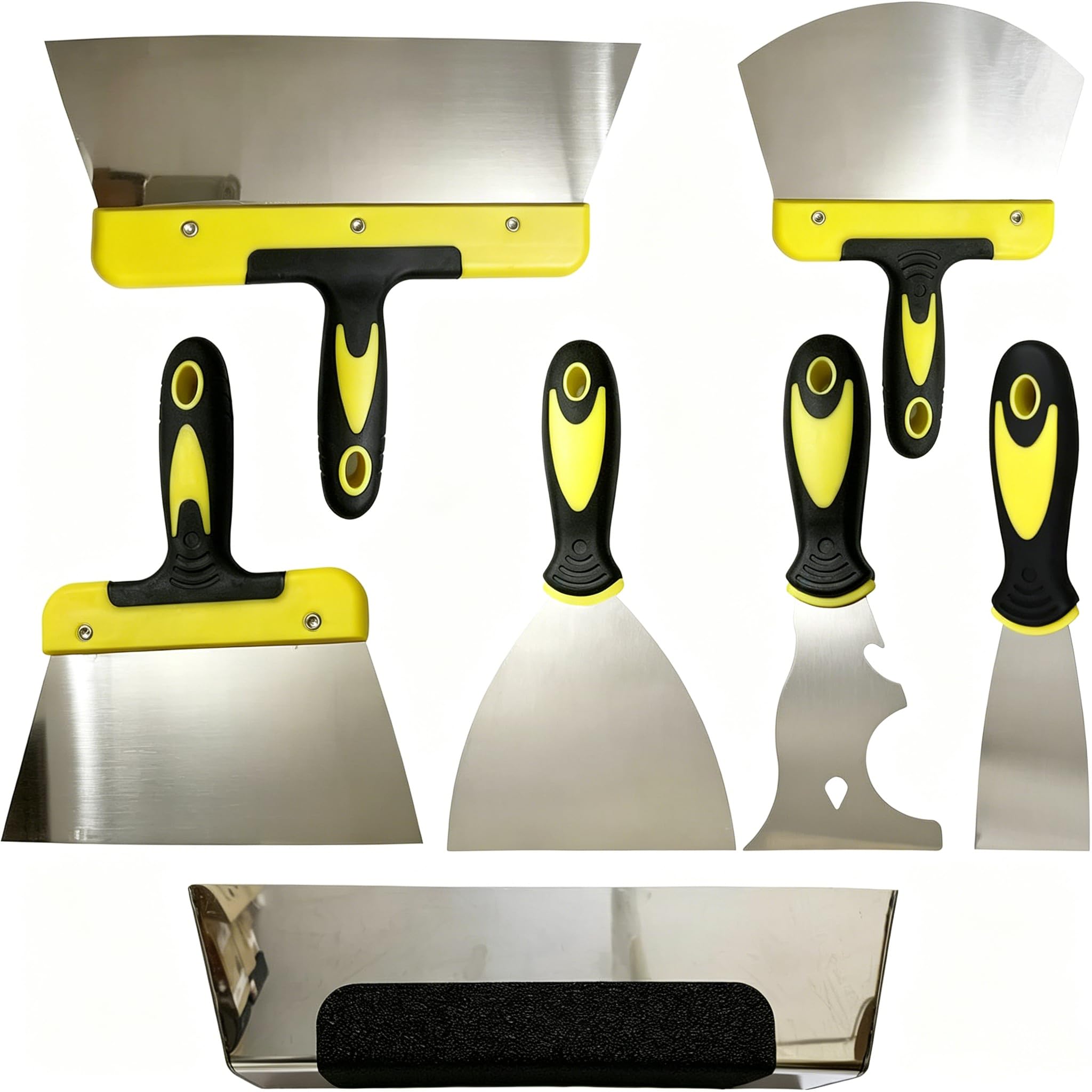 This7-piece Drywall Tool Set, Made of Stainless steelwith Soft, Non-Slip Handles, is Suitable for Working with Drywall, Filling Putty, Peeling Wallpaper, DIY renovations, Painting, and Home Cleaning.