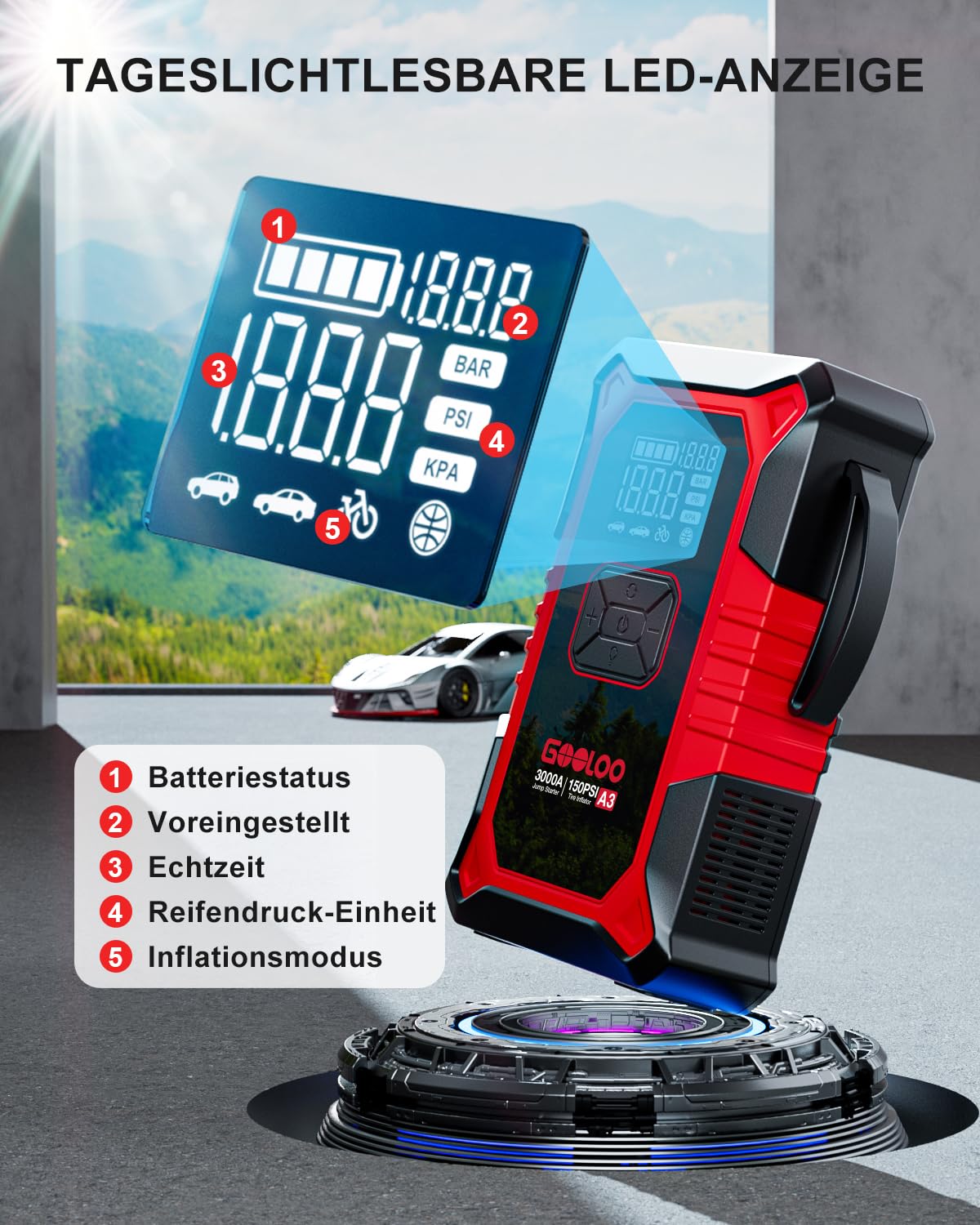 GOOLOO A3 Starthilfe Powerbank mit Kompressor, 3000A 150PSI Spitzenstrom Starter Powerbank für 12V Fahrzeuge(Bis zu 9.0L Benzin/6.5L Diesel), Tragbare Auto Starthilfe mit Digitale und LED
