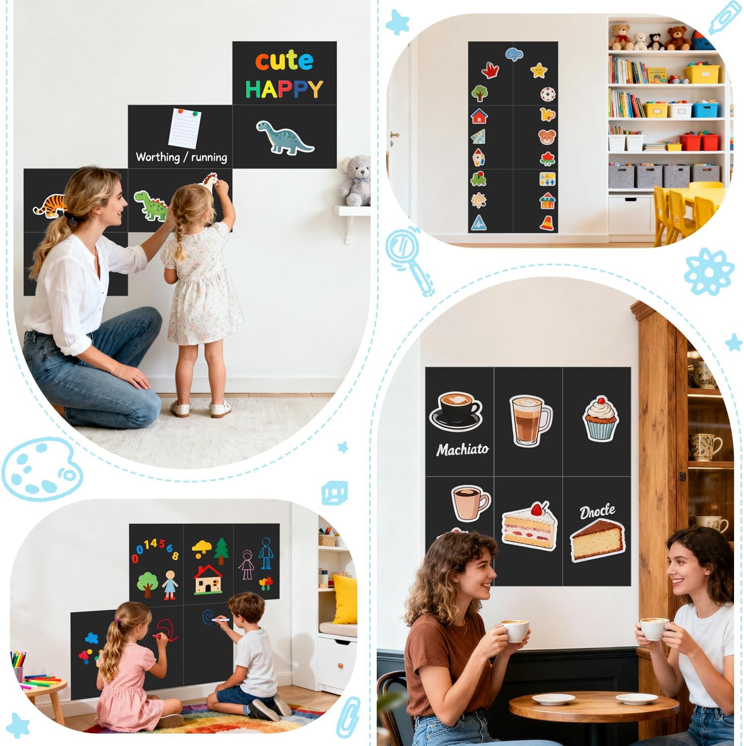 Magnetic Wall Decal for Kids Black Set of 6 Peel and Stick Magnet Chalkboard Wall Decal with Tangram Puzzle Chalk Accessories Magnetic Decal Wall Magnetic Wallpaper Stickers for Home Playroom