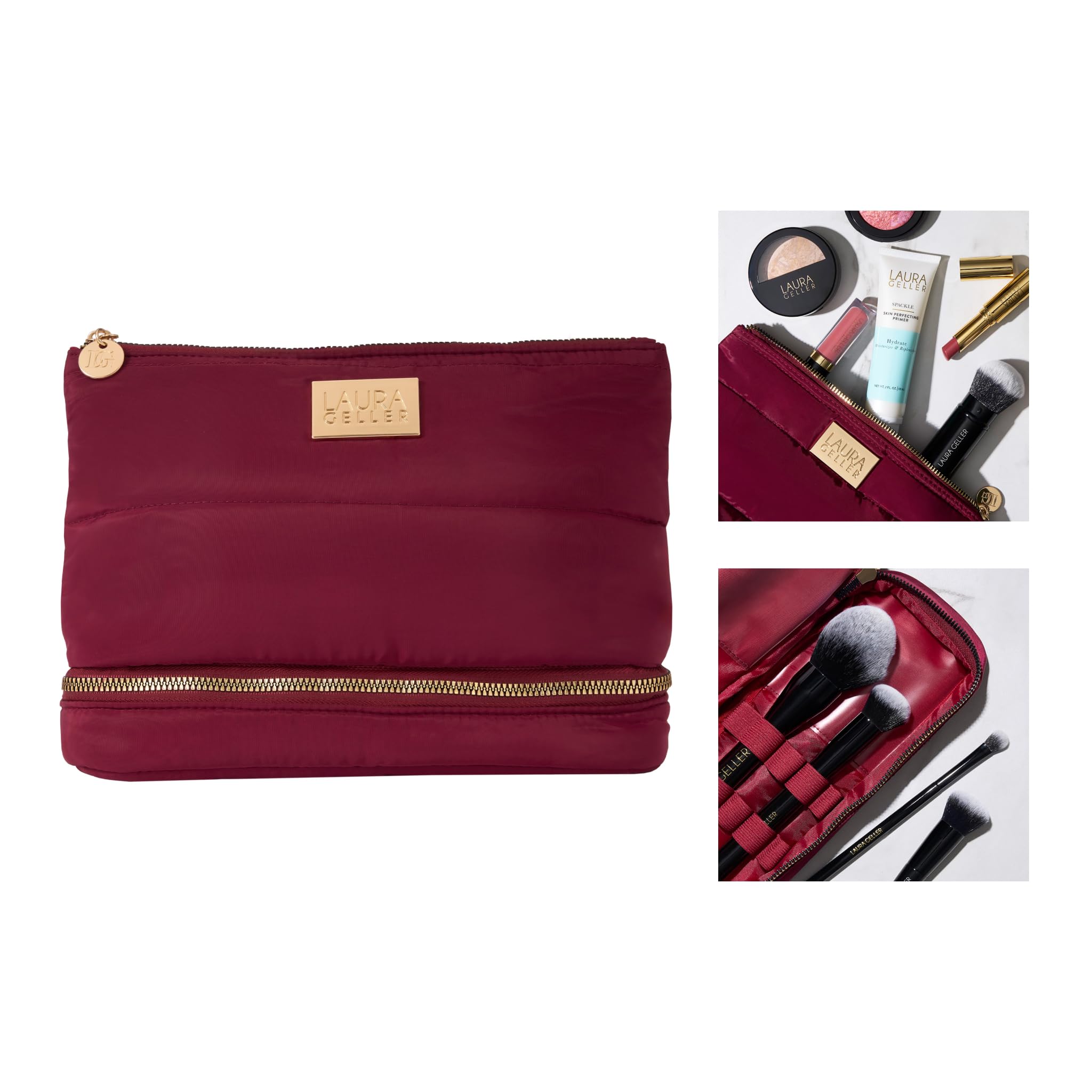 LAURA GELLER Quilted Makeup Bag with Brush Case, Burgundy