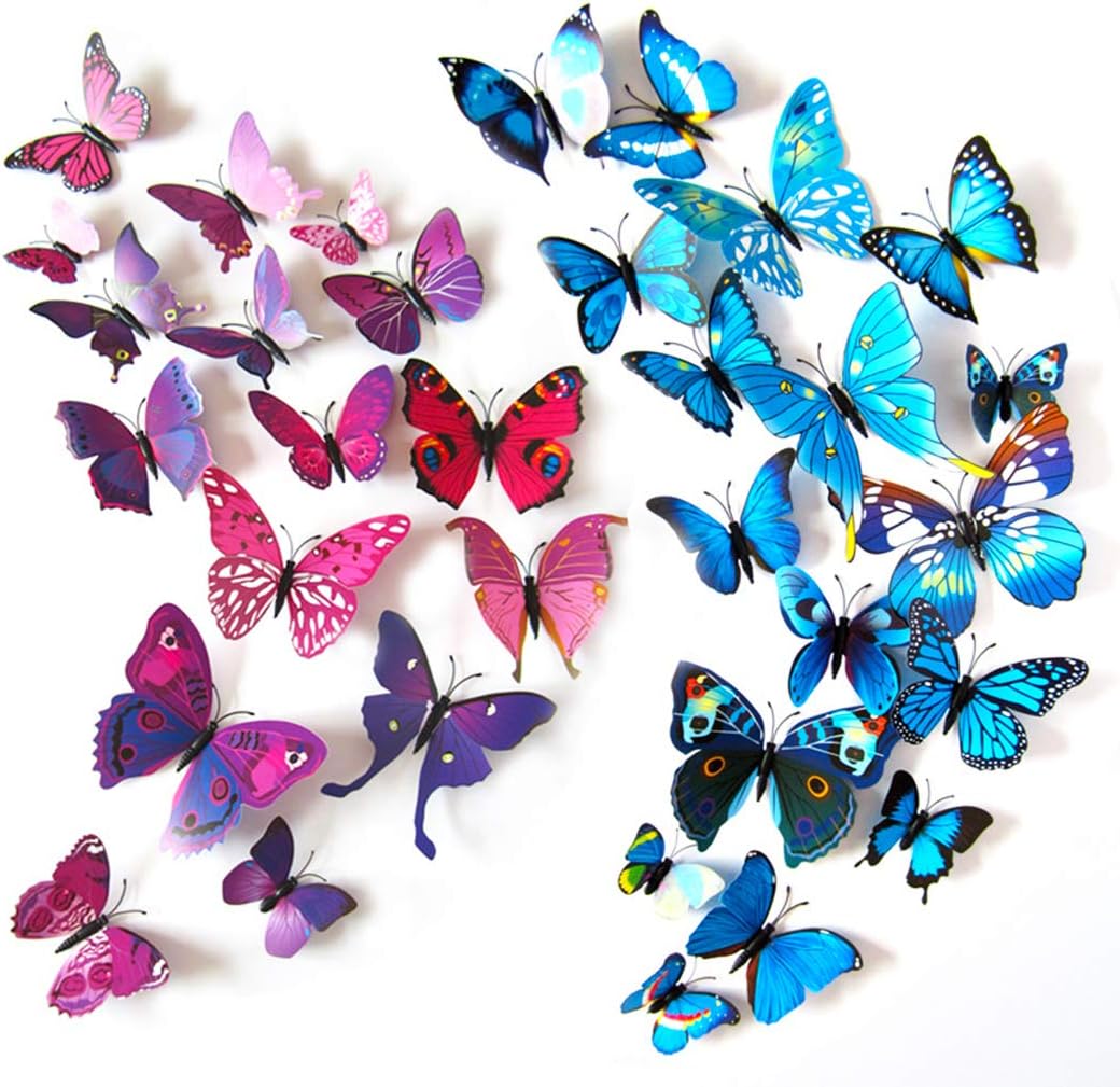 Kids' Wall Sticker Art Decor 3D Lively Butterflies DIY Art Wedding Decor Crafts 24 Pcs,12 Purple,12 Blue