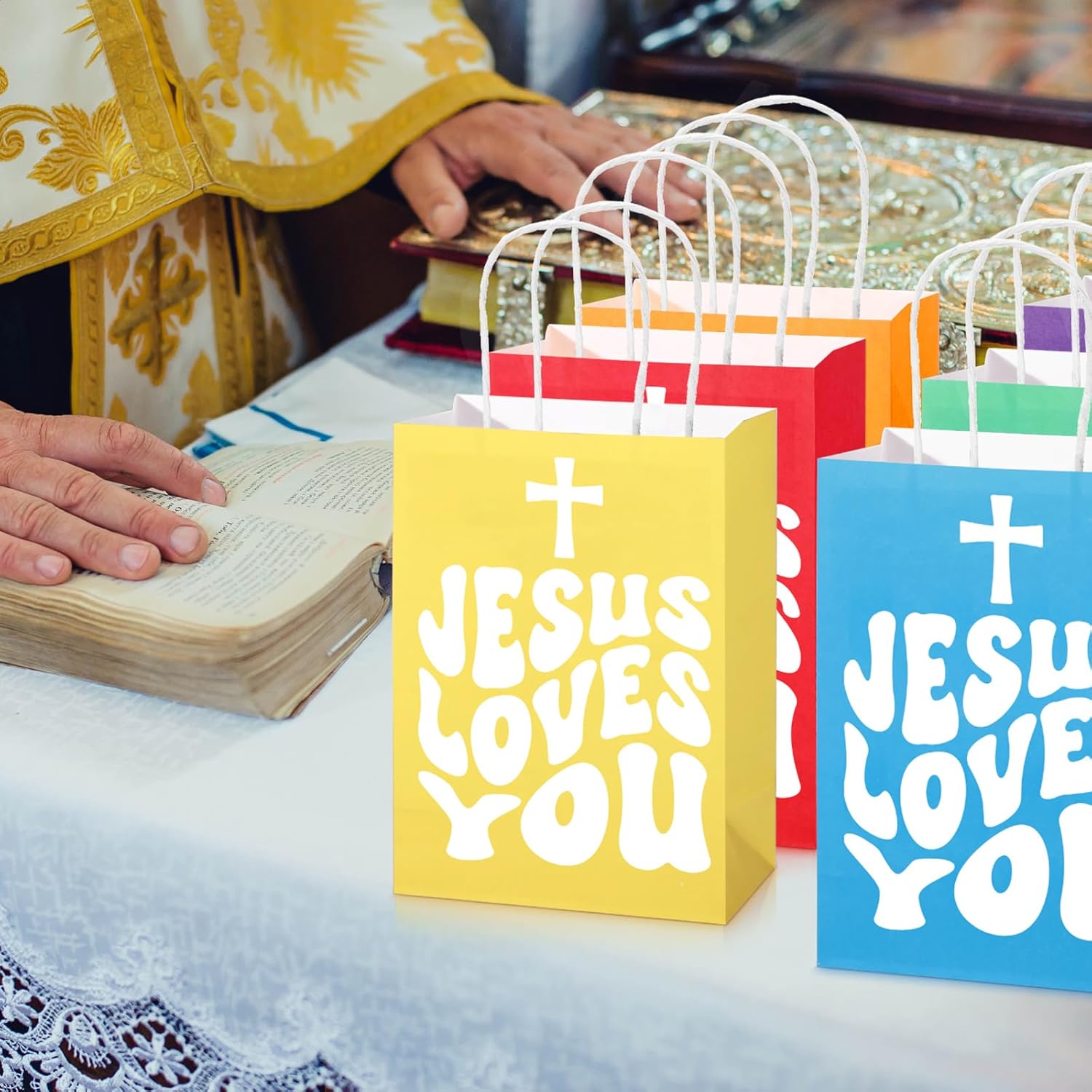 Kolldenn 24 Sets Christian Gift Bulk Jesus Loves You Paper Bag 6 Colors Religious Bible Verse Treat Bag with Handles Inspirational Sunday School Gift for VBS 2025 Church Party First Communion Baptism - Image 5