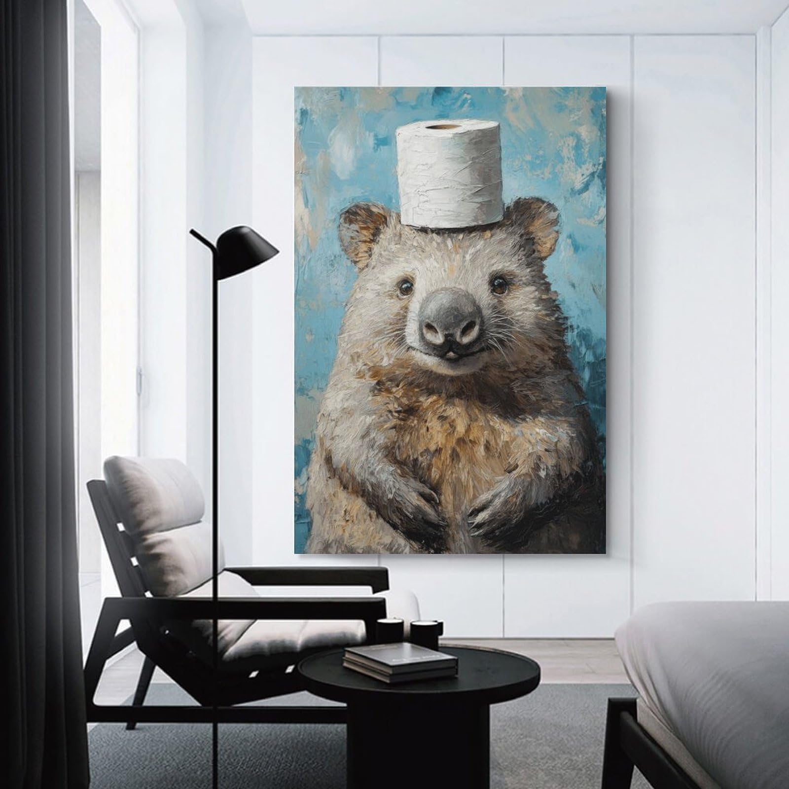 Junmoney Unframe-Style-2 Wall Picture Print Wombat With Toilet Paper Hat, 16X24inch(40X60cm), For Contemporary Homes, Apartments Or Offices, Decorative Canvas Decor For Home Updates